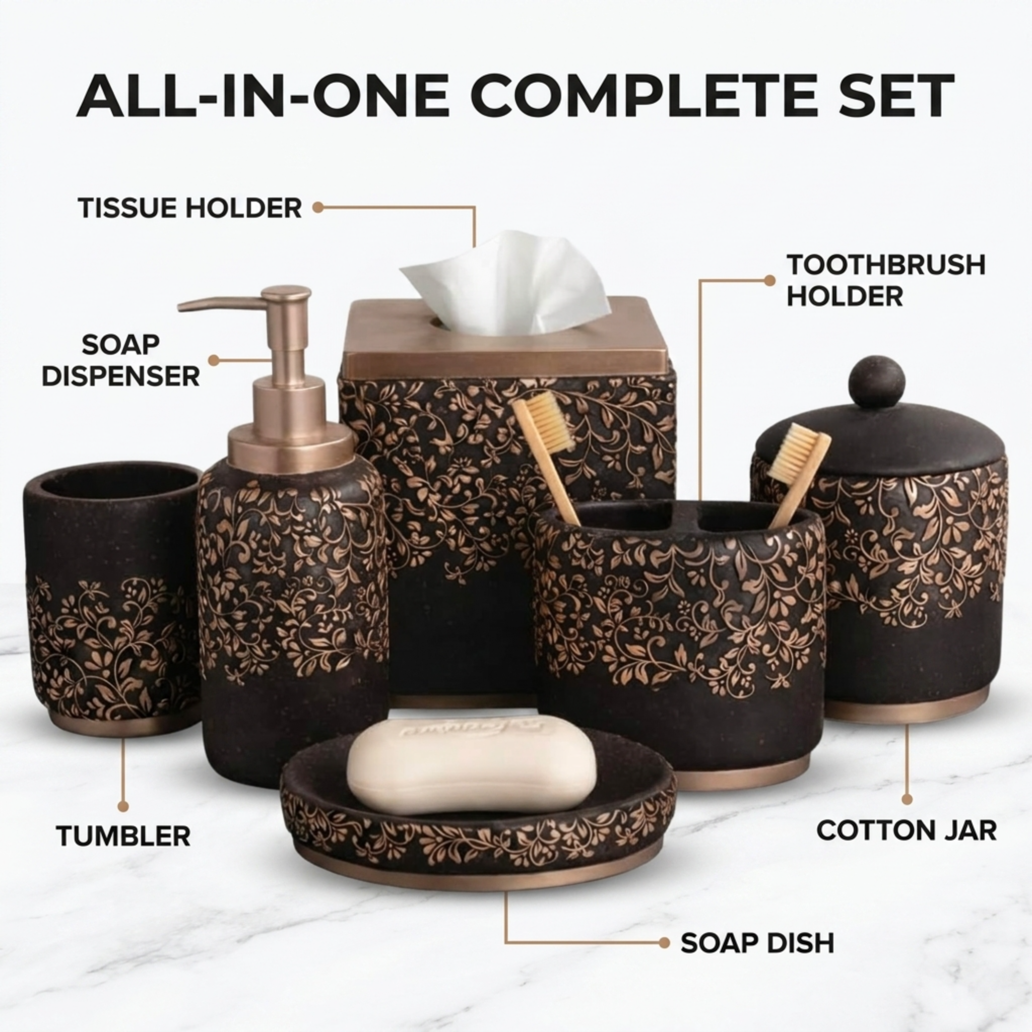 Bathroom Accessory Set – Stella Collection 6-Piece Luxury Polyresin Bath Decor