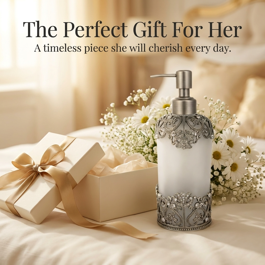 Soap Dispenser – Frosted Glass Bathroom Accessory With Rhinestones & Pewter Finish