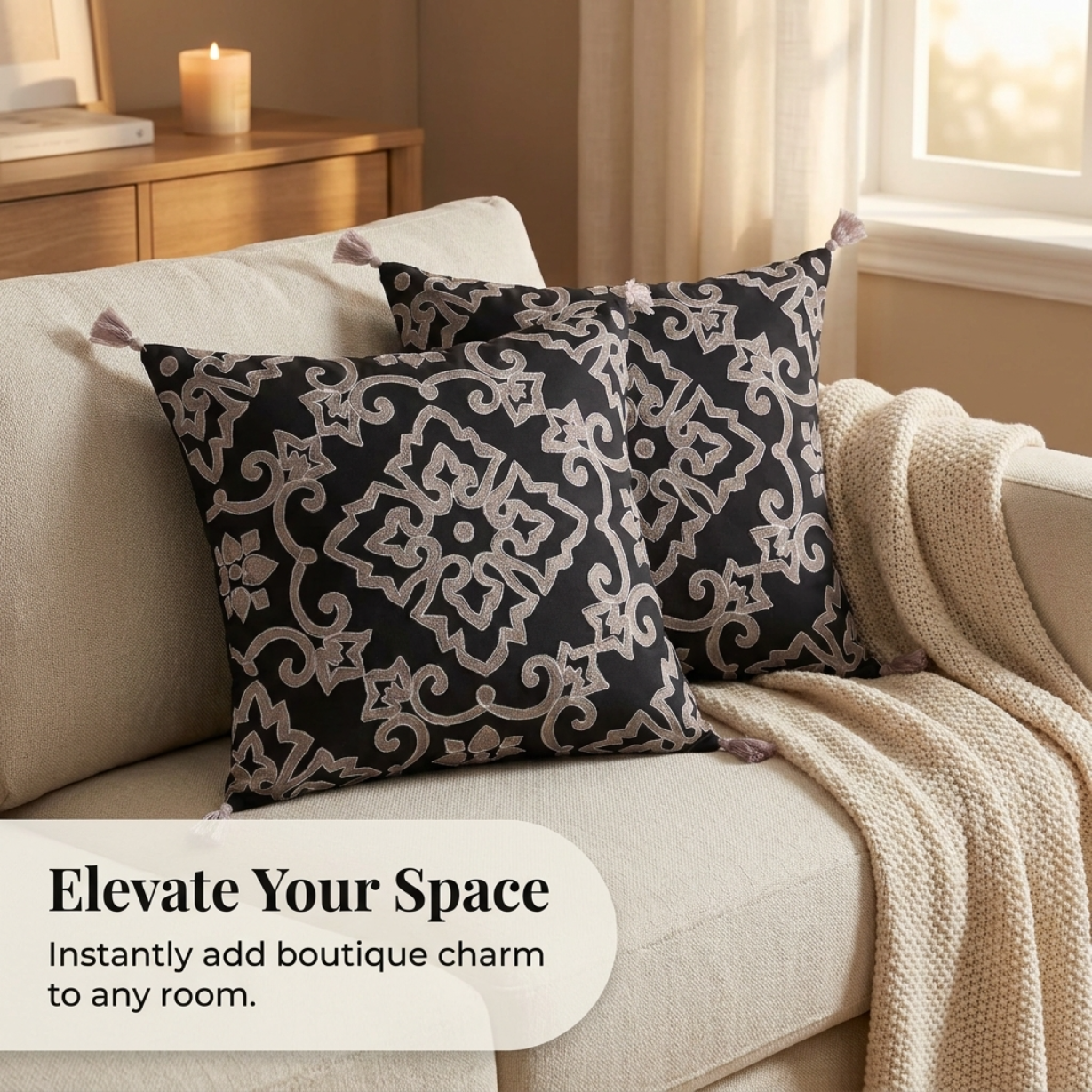 Throw Pillow Covers - Black Beige Embroidered Linen Cushion Set, 18x18 Inches