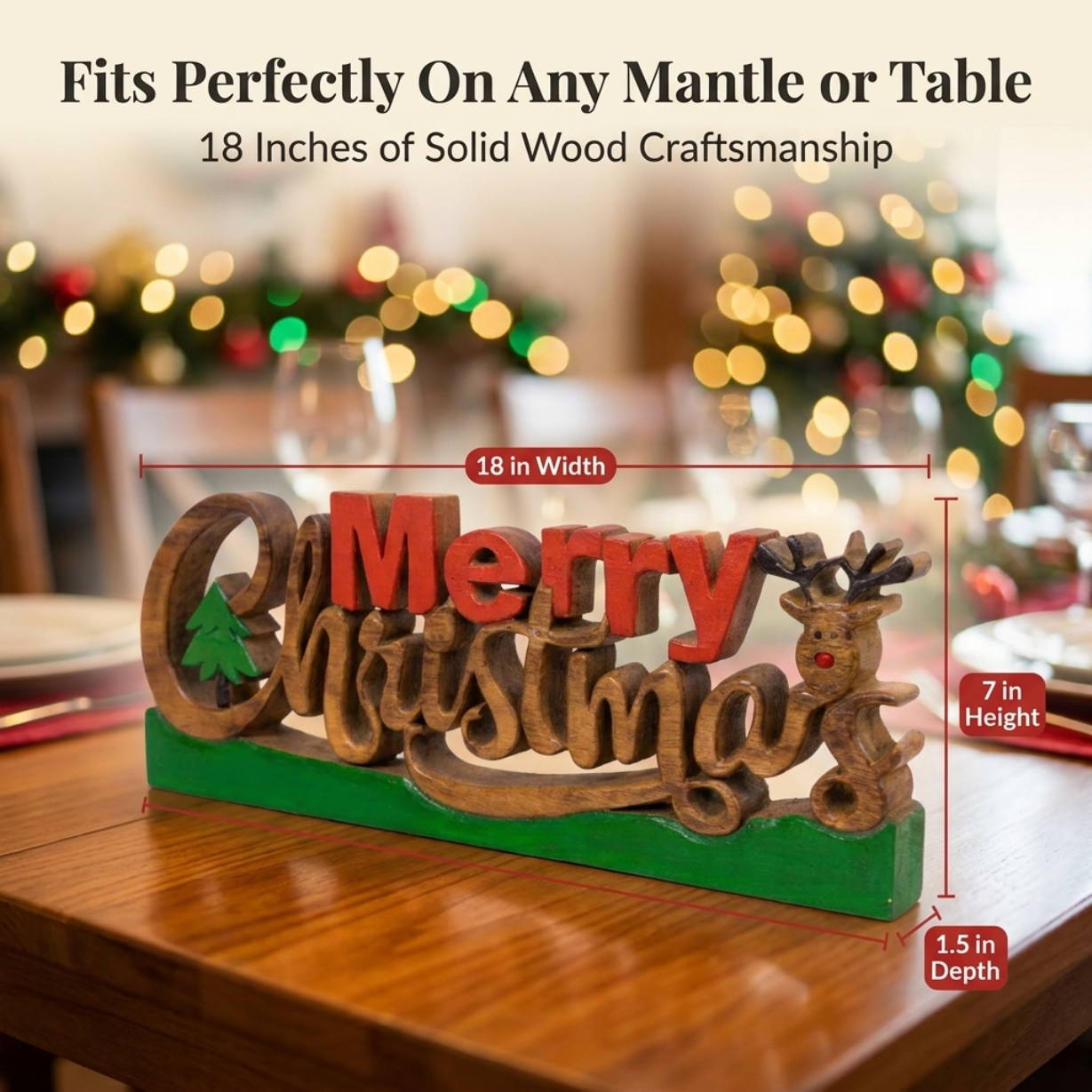 Handmade Wooden Sculpture – Merry Christmas Decoration | Solid Acacia Wood Sign