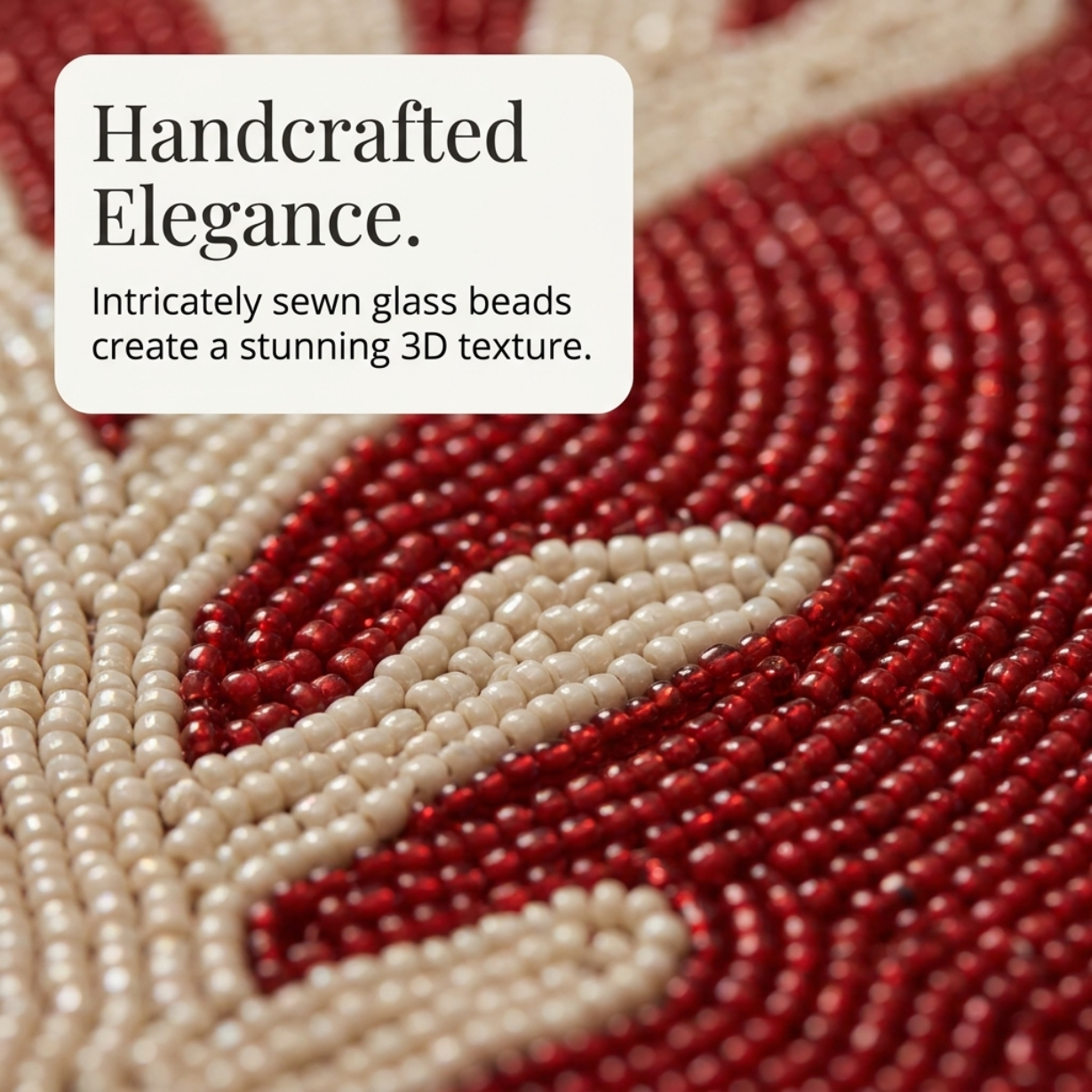 Beaded Placemats – Handmade Round Red Glass Bead Table Mats, Elegant Dining Décor 14 Inch