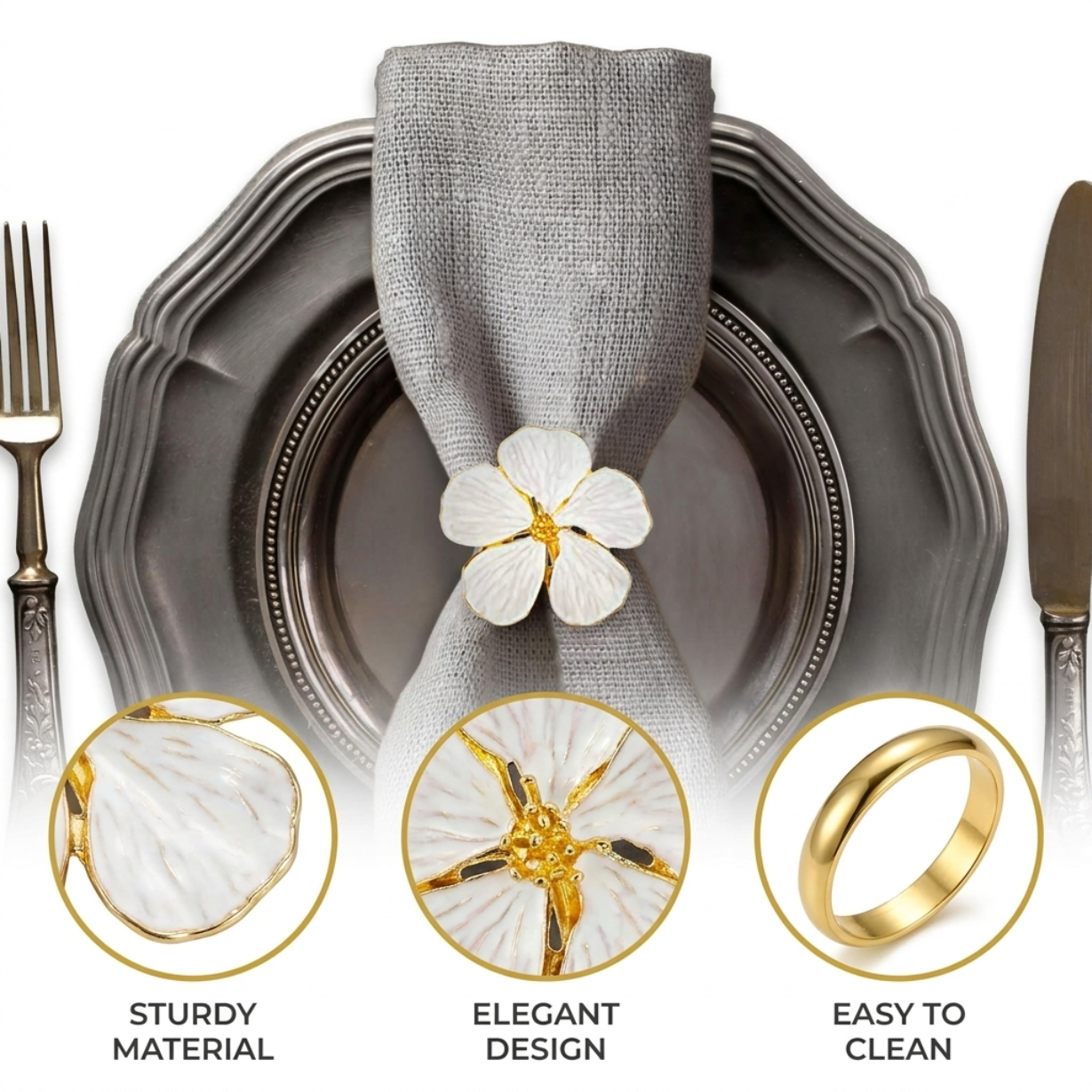 Gold Napkin Rings – Elegant Flower Design Decorative Table Napkin Holders