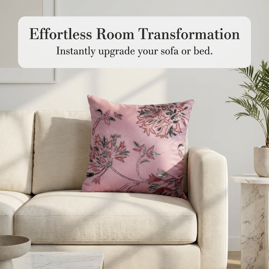 Pink Throw Pillow Covers - Set of 4 Embroidered Cushion Covers 18 x 18 Inches