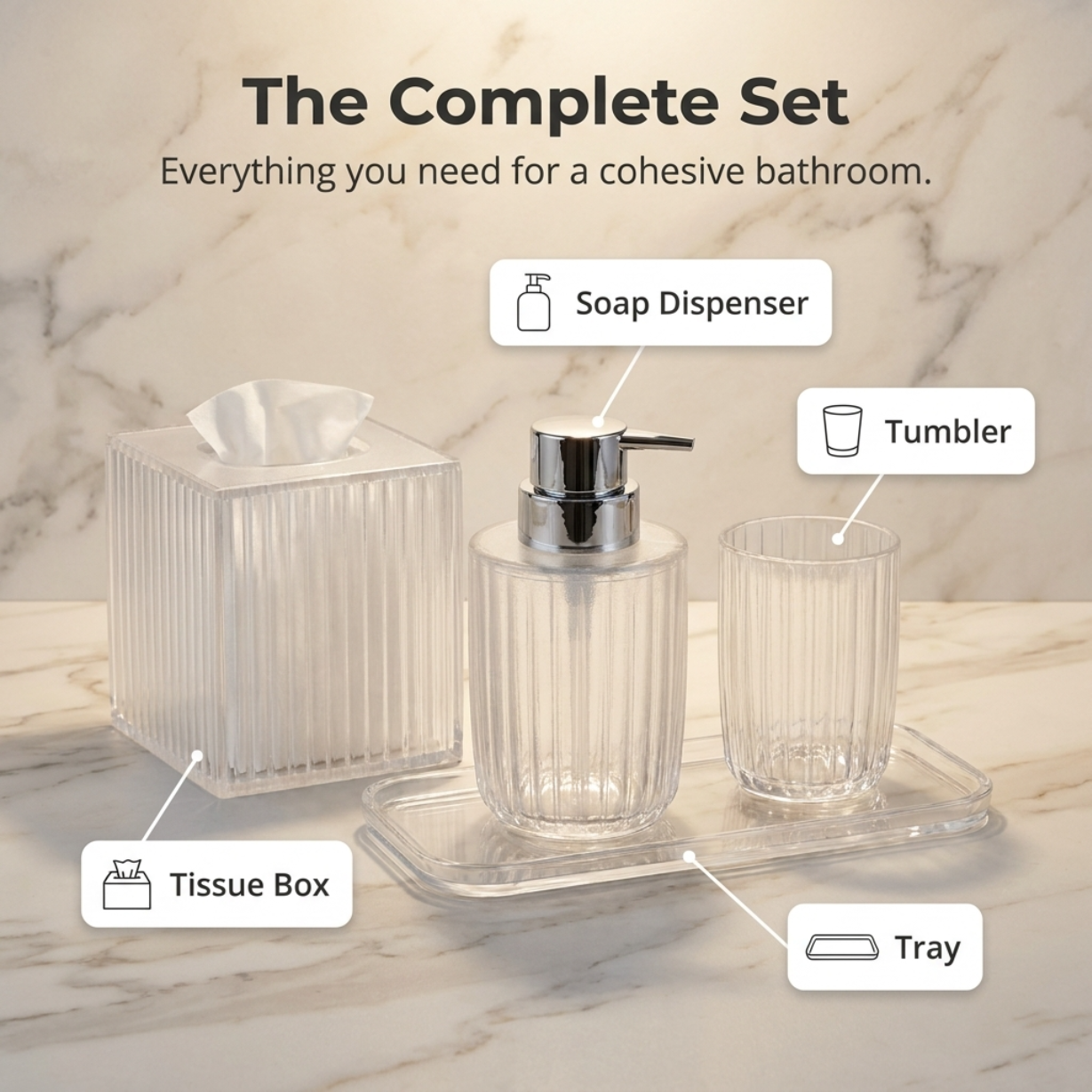 Acrylic Bathroom Set – Modern Bathroom Accessories with Soap Dispenser Pump & Tray