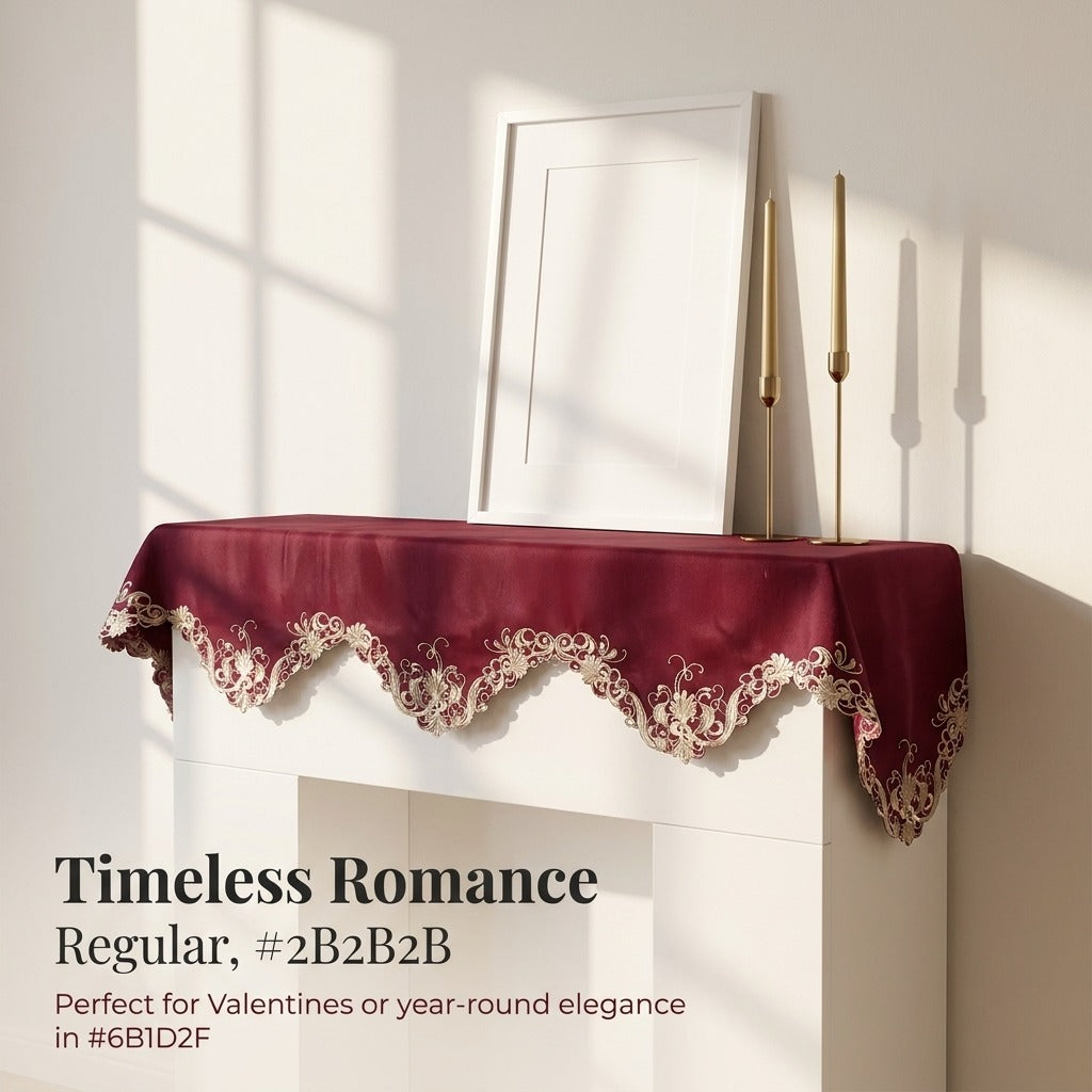 Burgundy Mantel Scarf – Vintage Rustic Fireplace Cover With Polyester Rayon Embroidery
