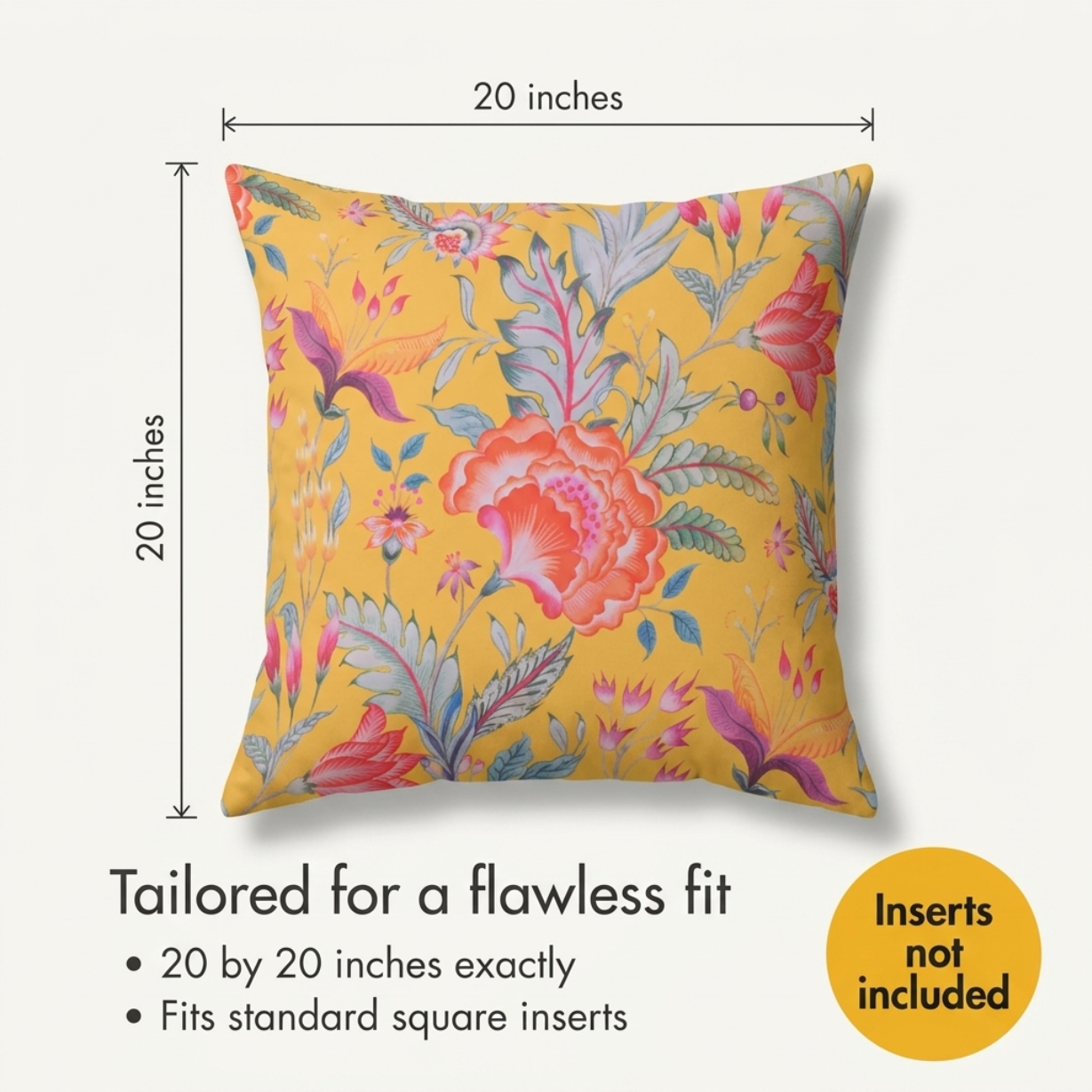 Floral Throw Pillow Covers - 20x20 Inches | Decorative Yellow Cushion Covers
