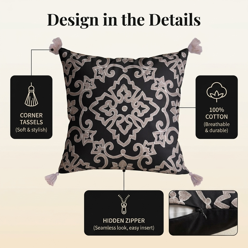 Throw Pillow Covers - Black Beige Embroidered Linen Cushion Set, 18x18 Inches