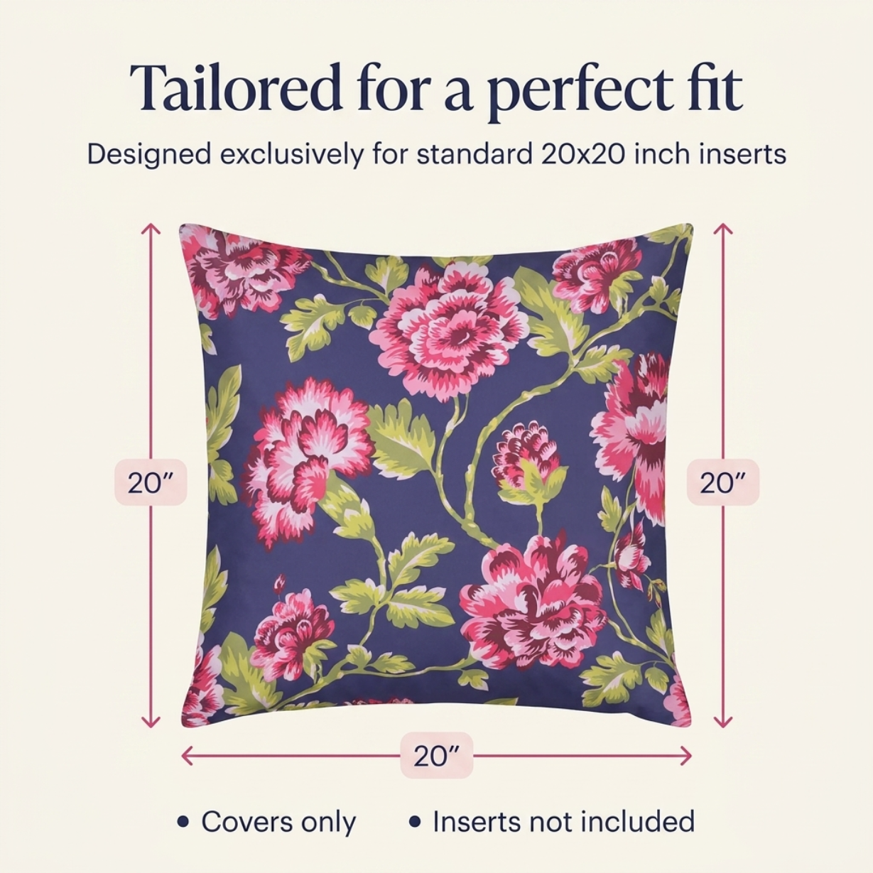 Floral Throw Pillow Covers - 20x20 Inch Dark Blue Decorative Cushion Covers