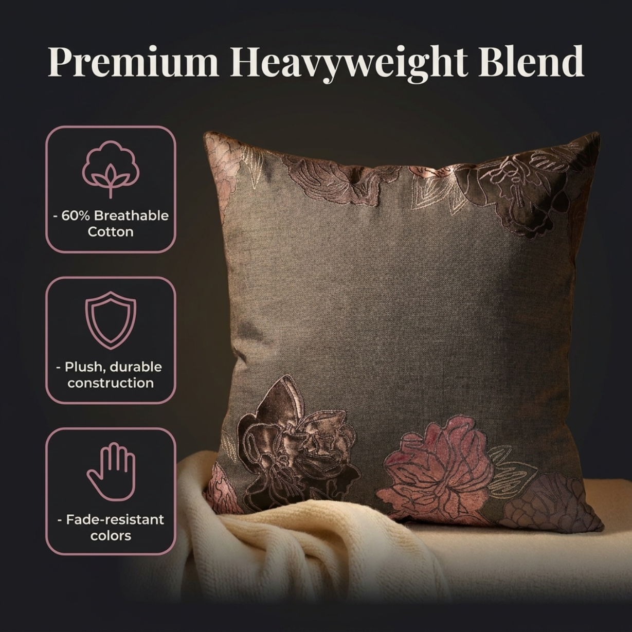 Gray Throw Pillow Covers - Embroidered Linen Cushion Set, 18x18 Inch PU Patchwork