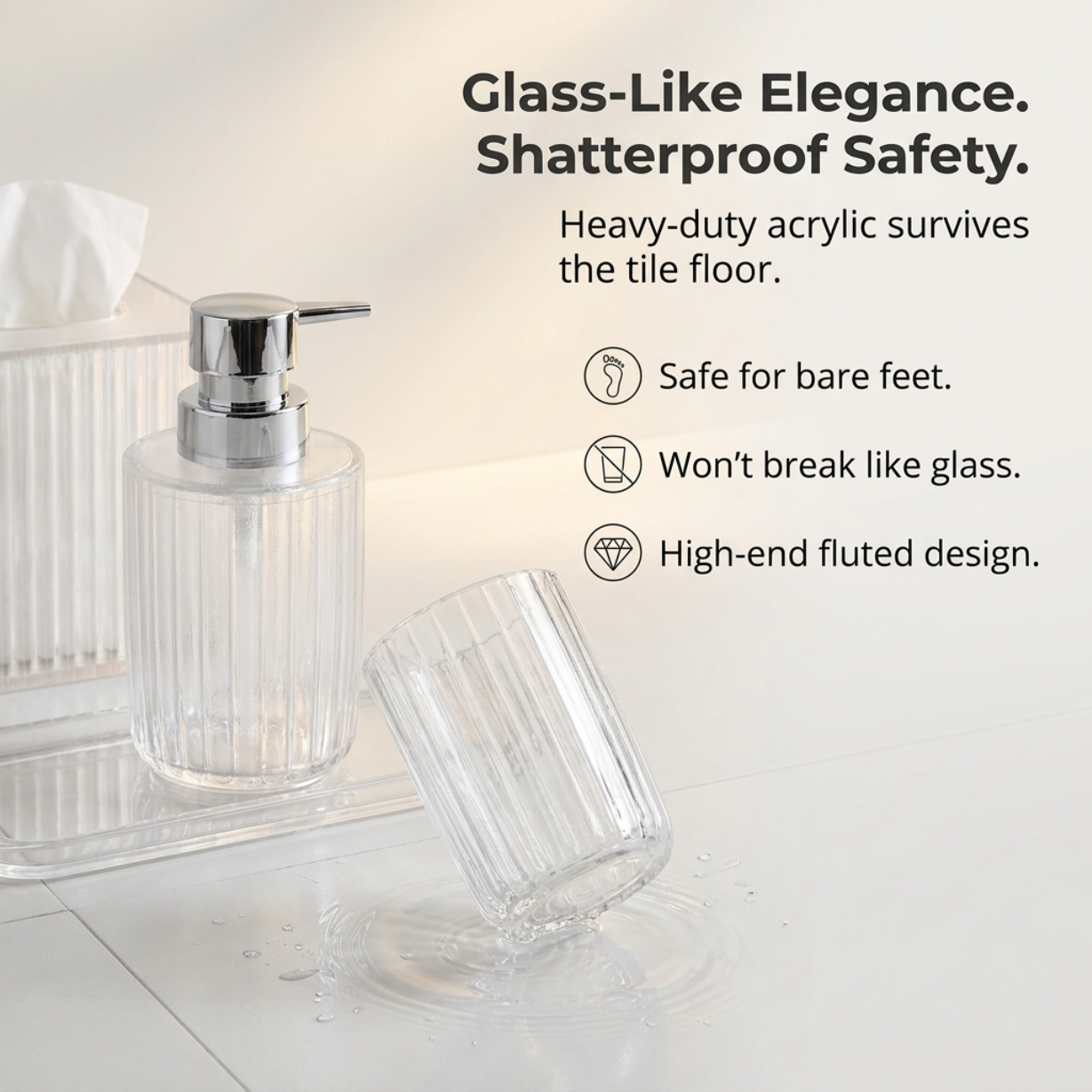 Acrylic Bathroom Set – Modern Bathroom Accessories with Soap Dispenser Pump & Tray