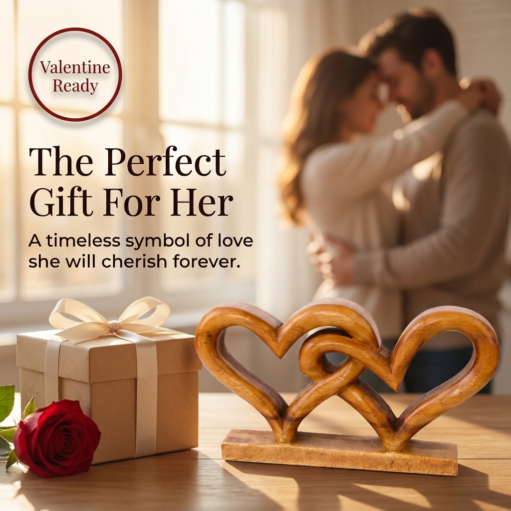 Wooden Heart Sculpture – Handmade Solid Acacia Wood Love Symbol Decor