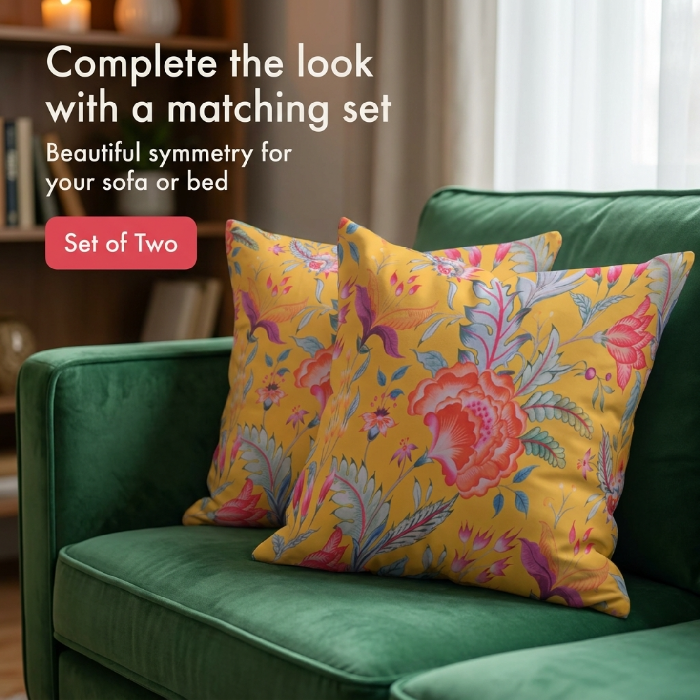 Floral Throw Pillow Covers - 20x20 Inches | Decorative Yellow Cushion Covers