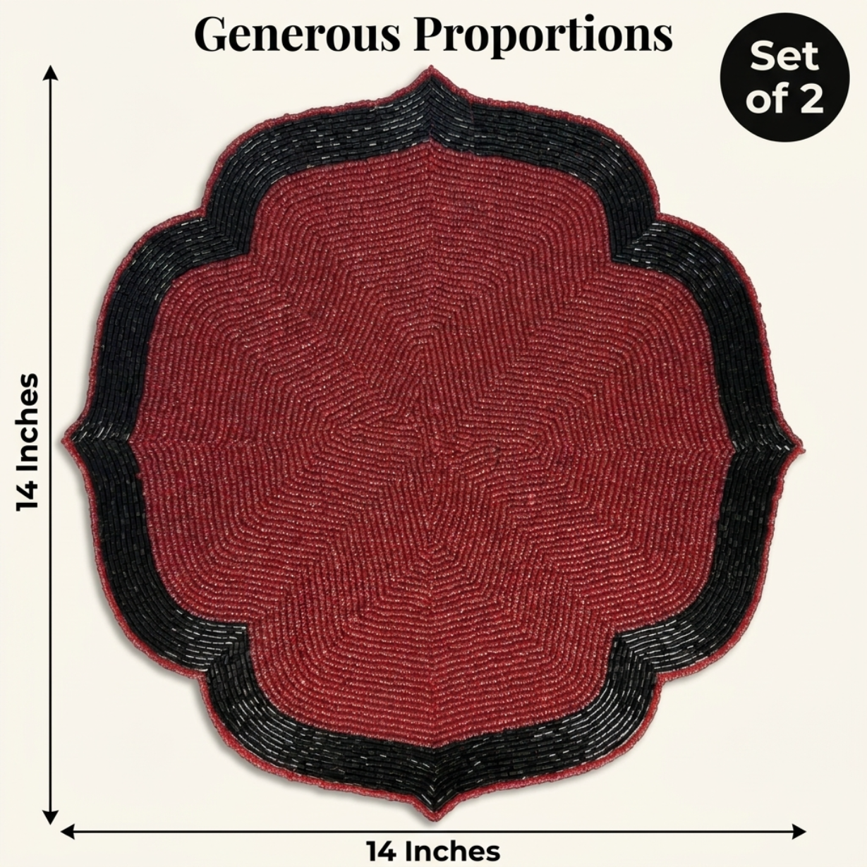 Beaded Placemats – Handmade Red Black Dining Table Mats, 14 Inch Heat Resistant