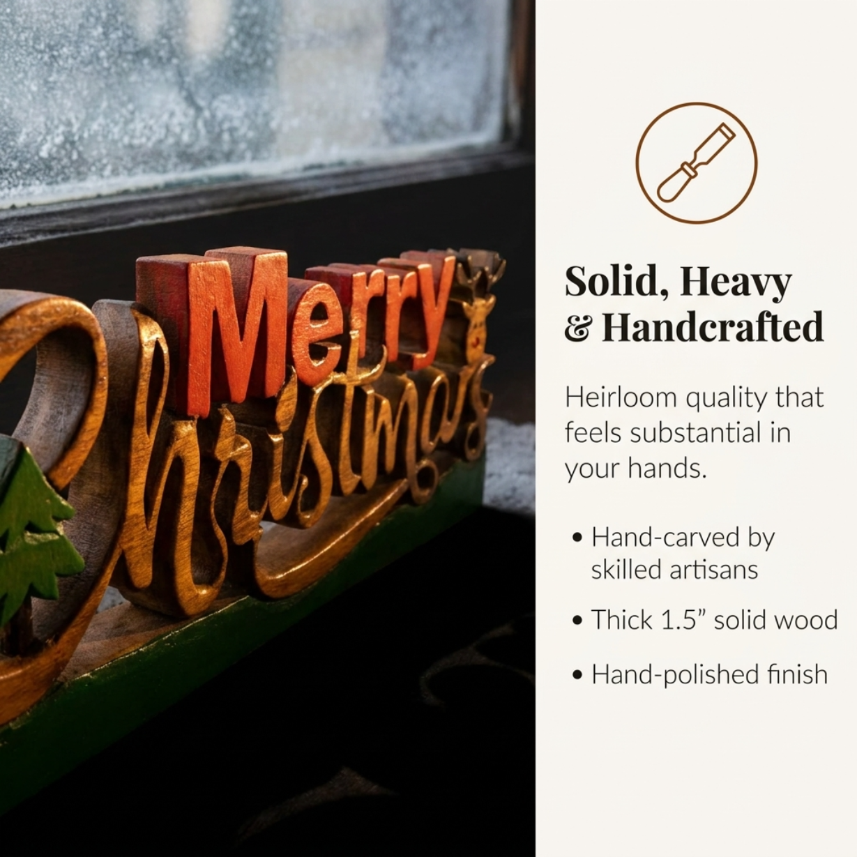 Handmade Wooden Sculpture – Merry Christmas Decoration | Solid Acacia Wood Sign
