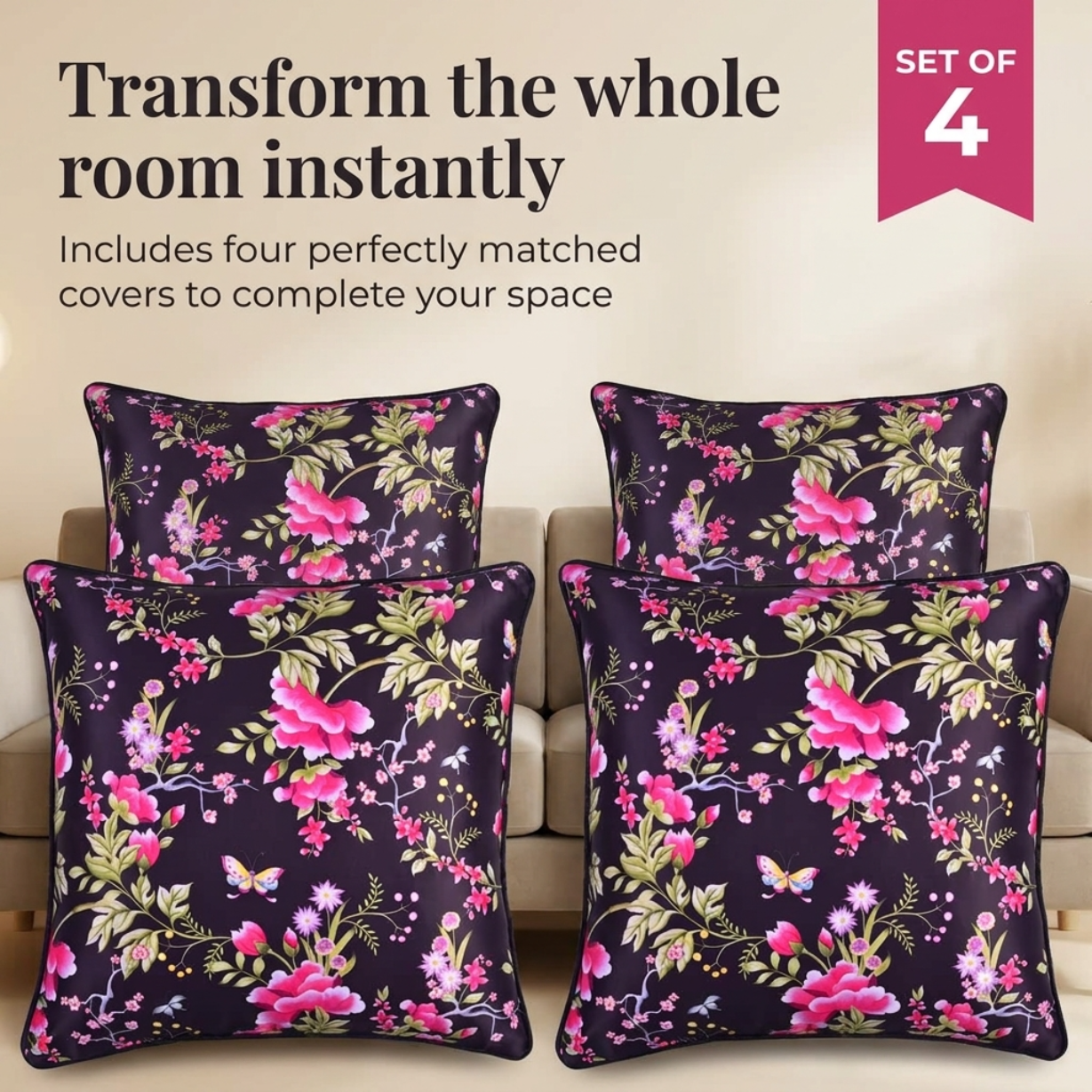 Floral Throw Pillow Cover - 20x20 Inch Decorative Printed Cushion Cover