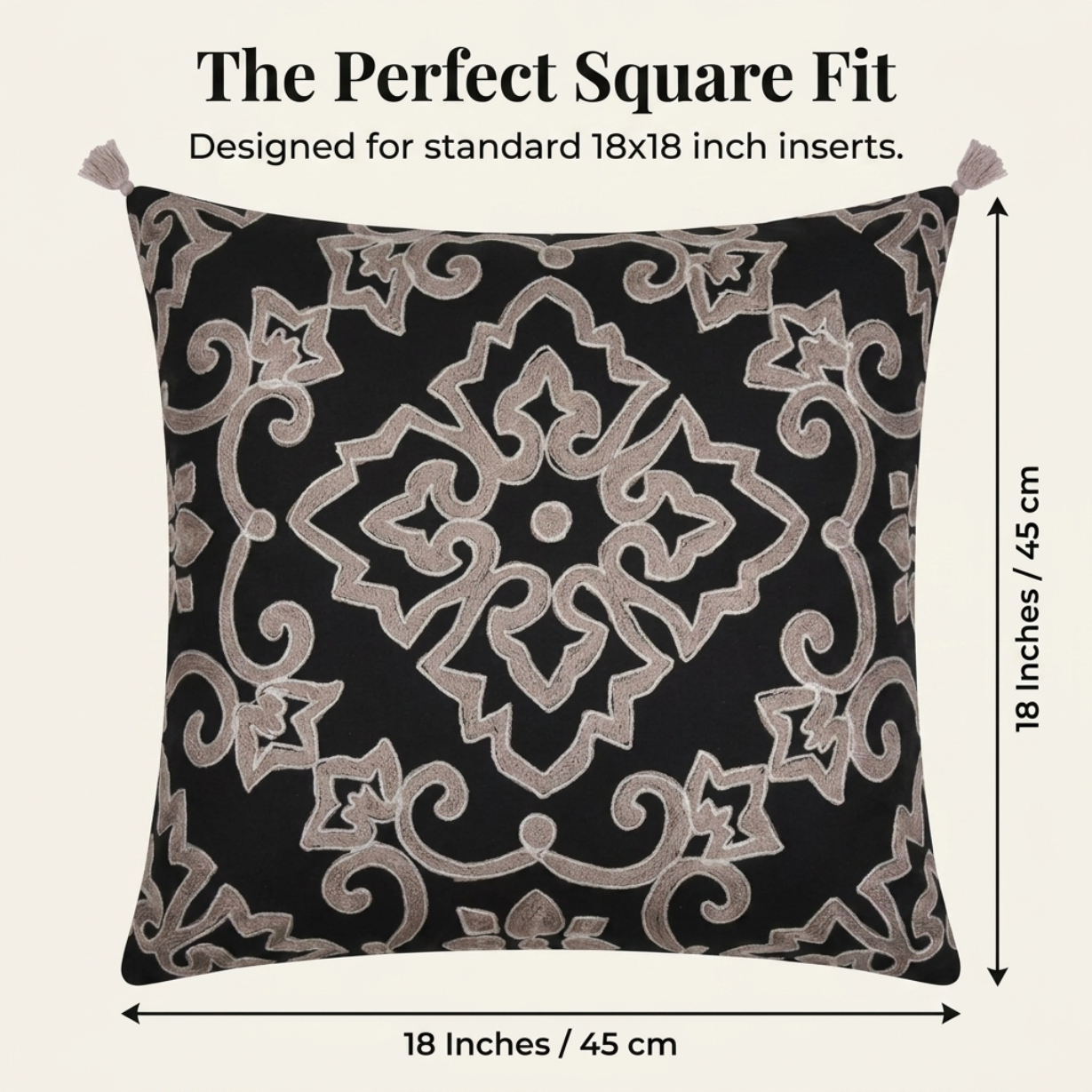 Throw Pillow Covers - Black Beige Embroidered Linen Cushion Set, 18x18 Inches