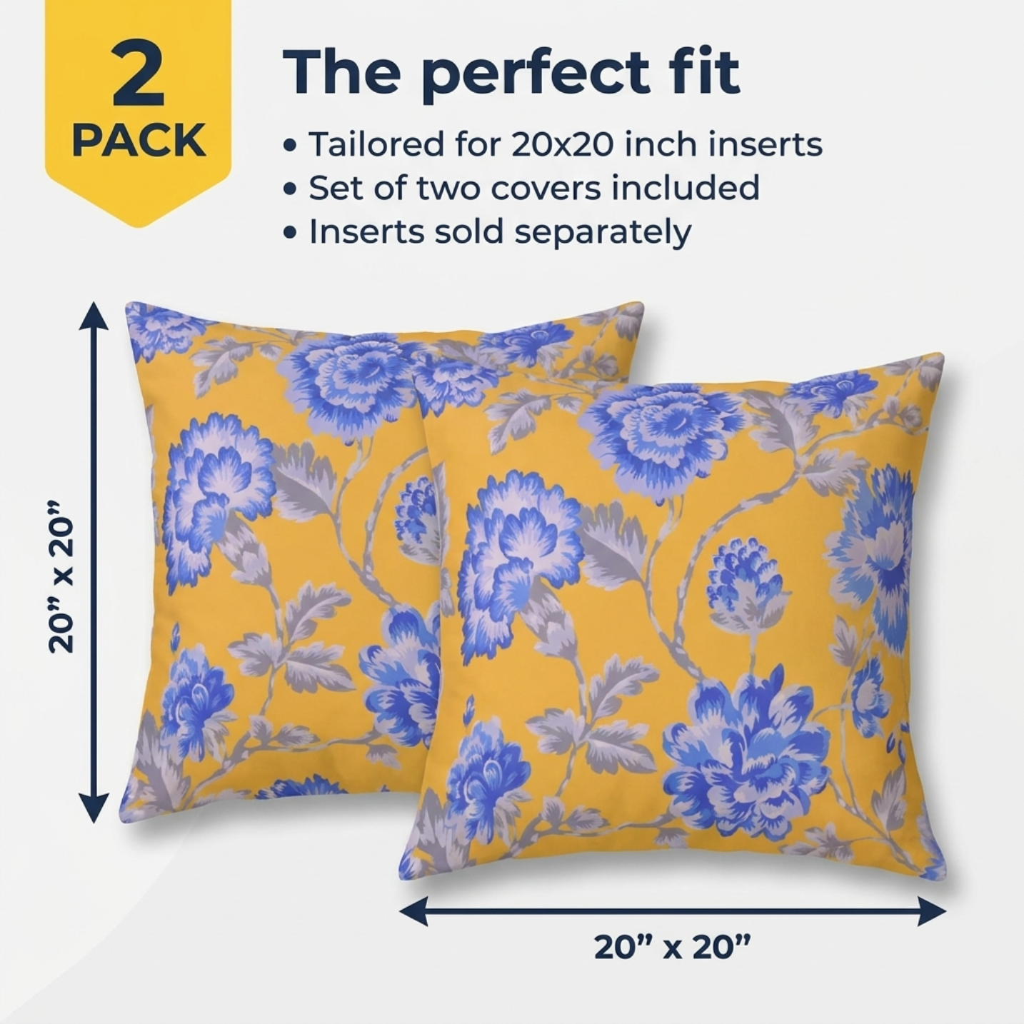 Floral Throw Pillow Covers - 20 x 20 Inches | Yellow Floral Cushion Covers