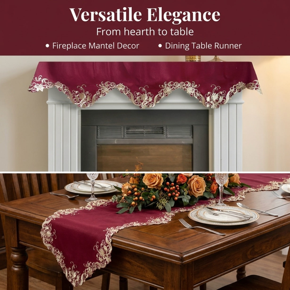 Burgundy Mantel Scarf – Vintage Rustic Fireplace Cover With Polyester Rayon Embroidery