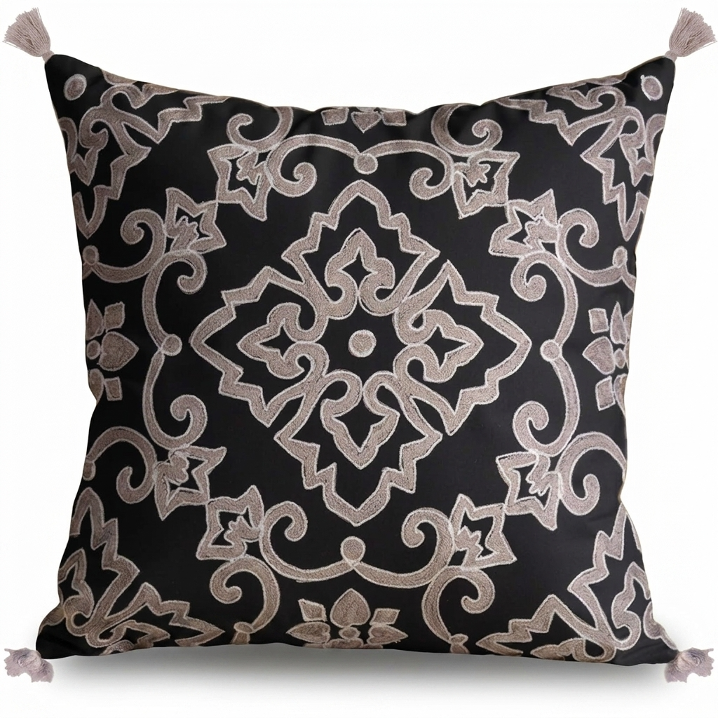 Throw Pillow Covers - Black Beige Embroidered Linen Cushion Set, 18x18 Inches