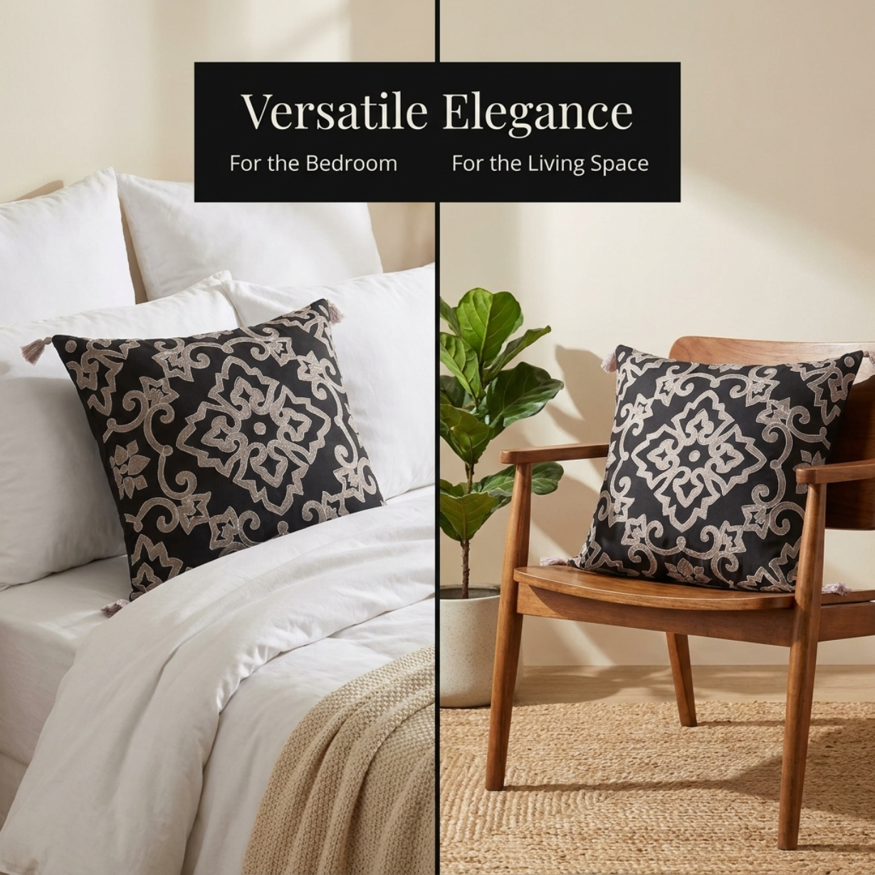 Throw Pillow Covers - Black Beige Embroidered Linen Cushion Set, 18x18 Inches