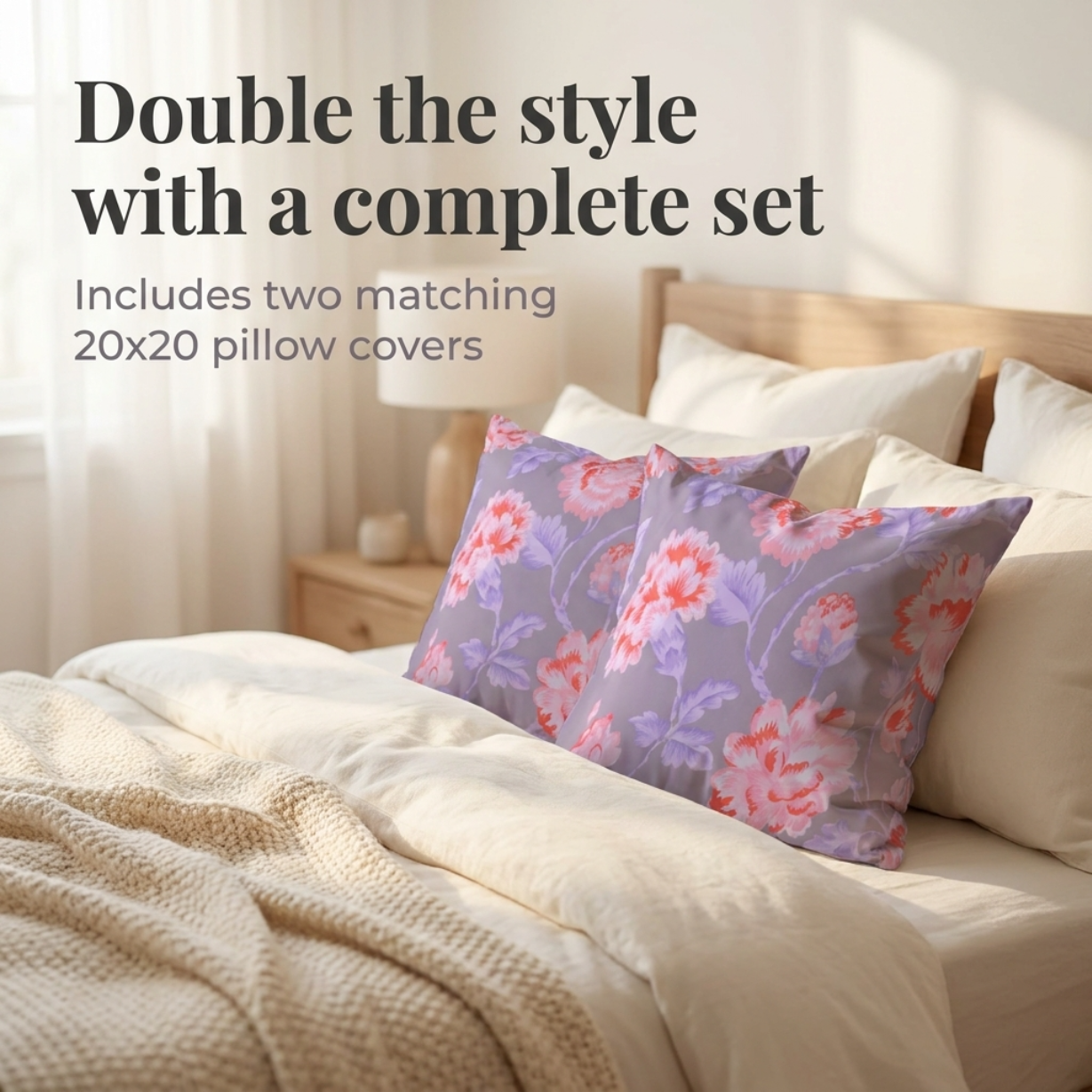 Floral Throw Pillow Covers - 20 x 20 Inches | Pink & Gray Decorative Cushion