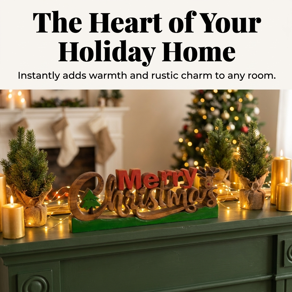 Handmade Wooden Sculpture – Merry Christmas Decoration | Solid Acacia Wood Sign