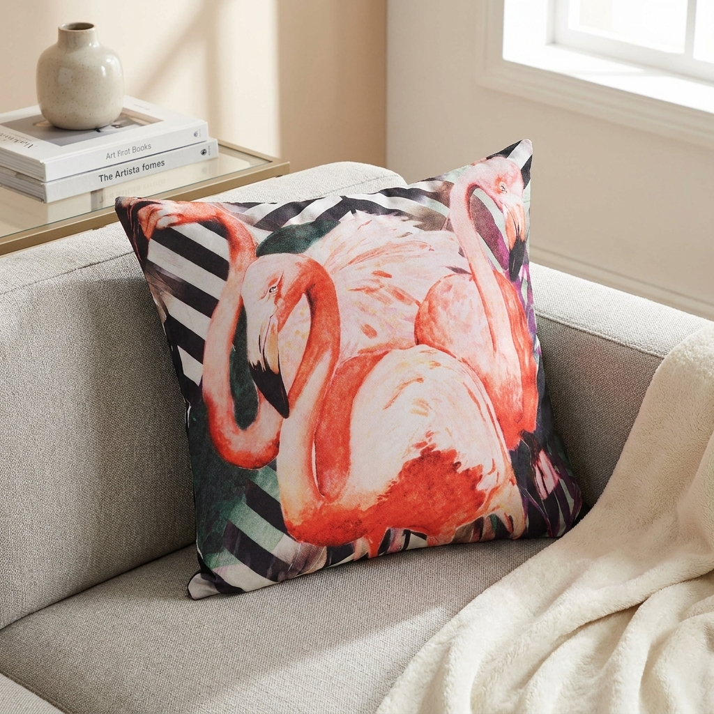 Flamingo Throw Pillow - 18x18 Pillow Cover With Embroidered Cushion Design
