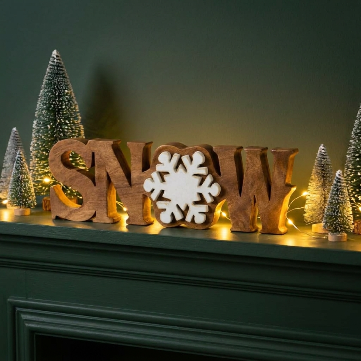 Wooden Snow Sculpture – Handmade Acacia Wood Sign | Seasonal Holiday Decoration