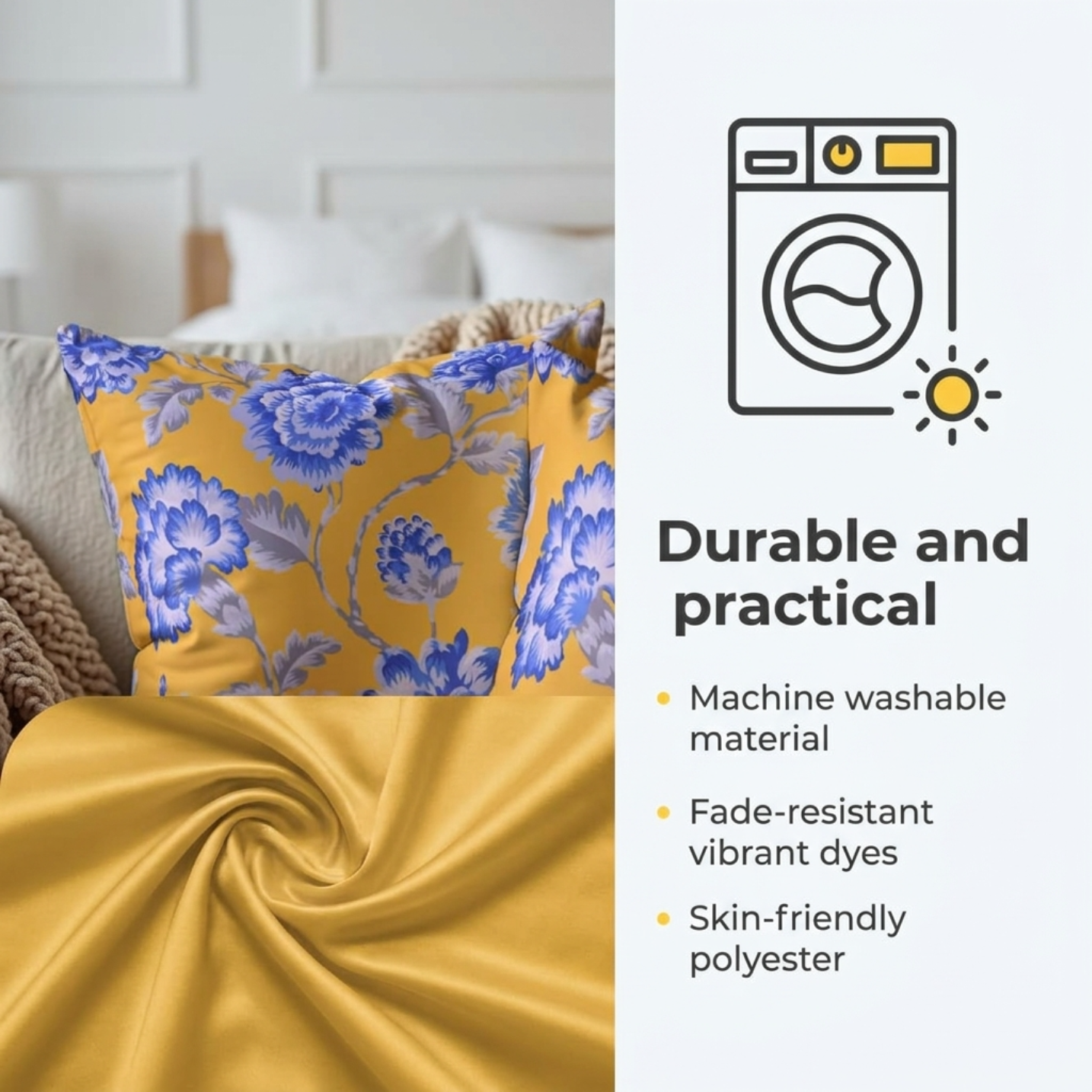 Floral Throw Pillow Covers - 20 x 20 Inches | Yellow Floral Cushion Covers