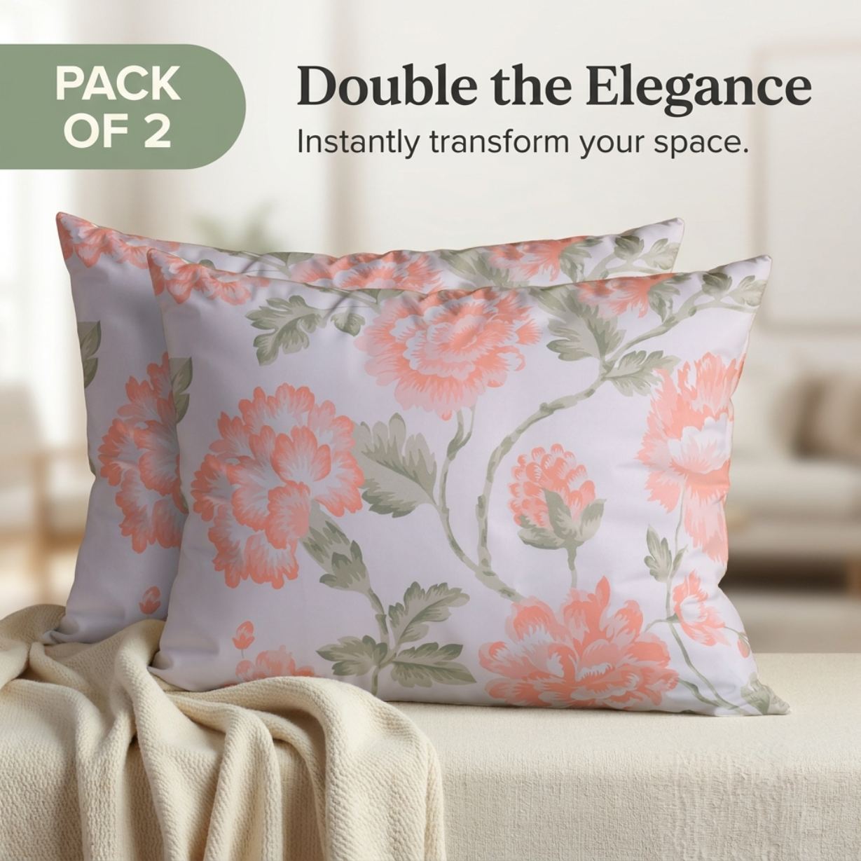 Floral Throw Pillow - 20 x 20 Decorative Pillow Covers With Zipper Closure