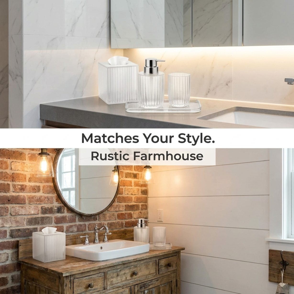 Acrylic Bathroom Set – Modern Bathroom Accessories with Soap Dispenser Pump & Tray