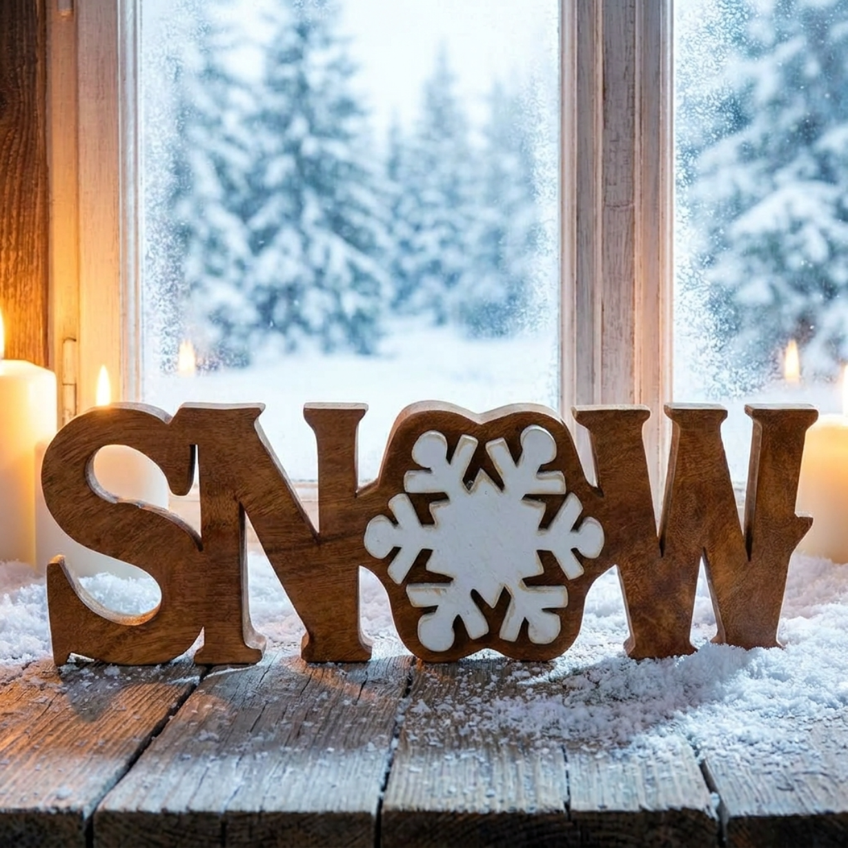 Wooden Snow Sculpture – Handmade Acacia Wood Sign | Seasonal Holiday Decoration