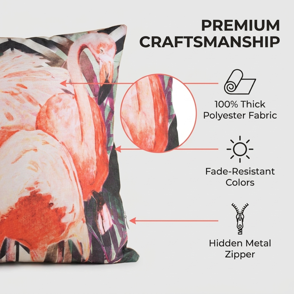 Flamingo Throw Pillow - 18x18 Pillow Cover With Embroidered Cushion Design