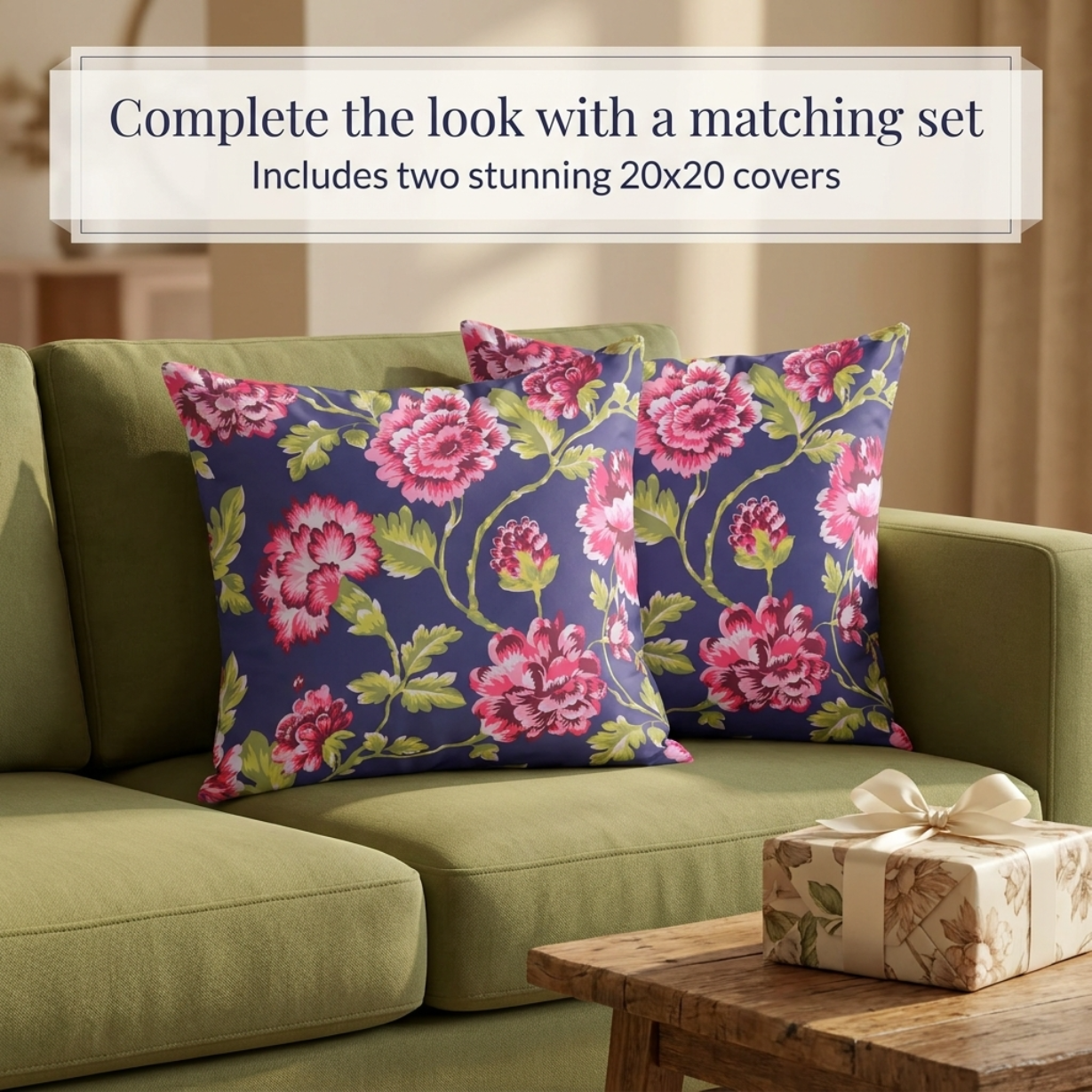Floral Throw Pillow Covers - 20x20 Inch Dark Blue Decorative Cushion Covers