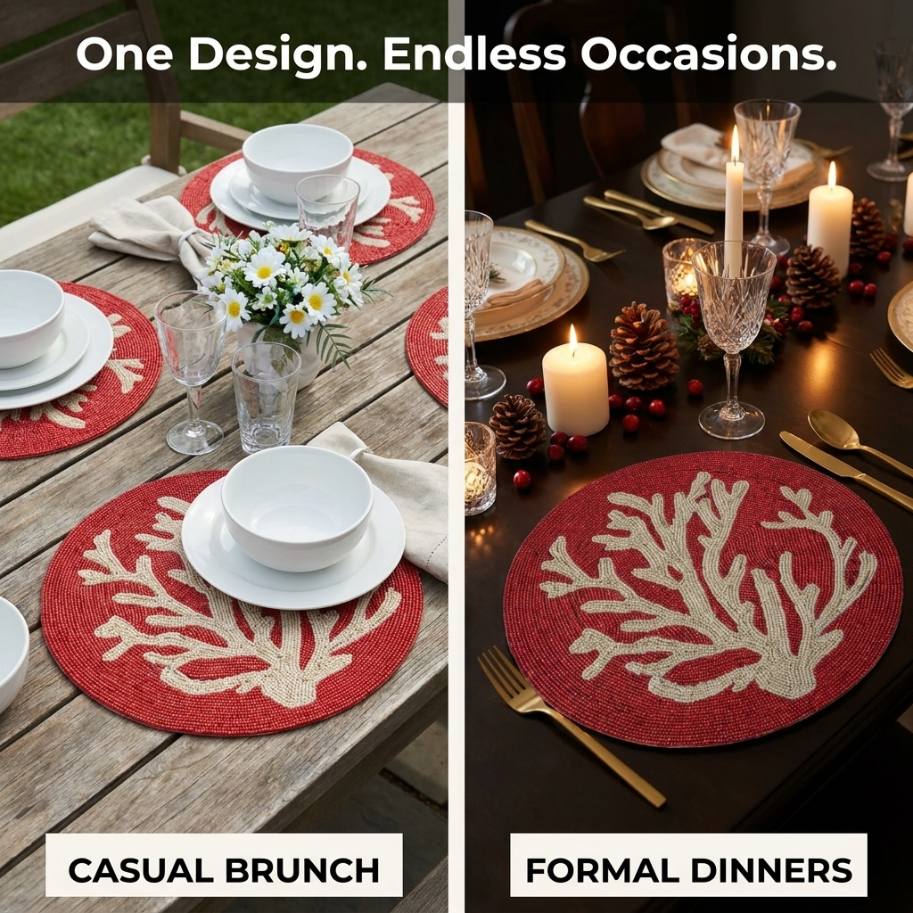 Beaded Placemats – Handmade Round Red Glass Bead Table Mats, Elegant Dining Décor 14 Inch