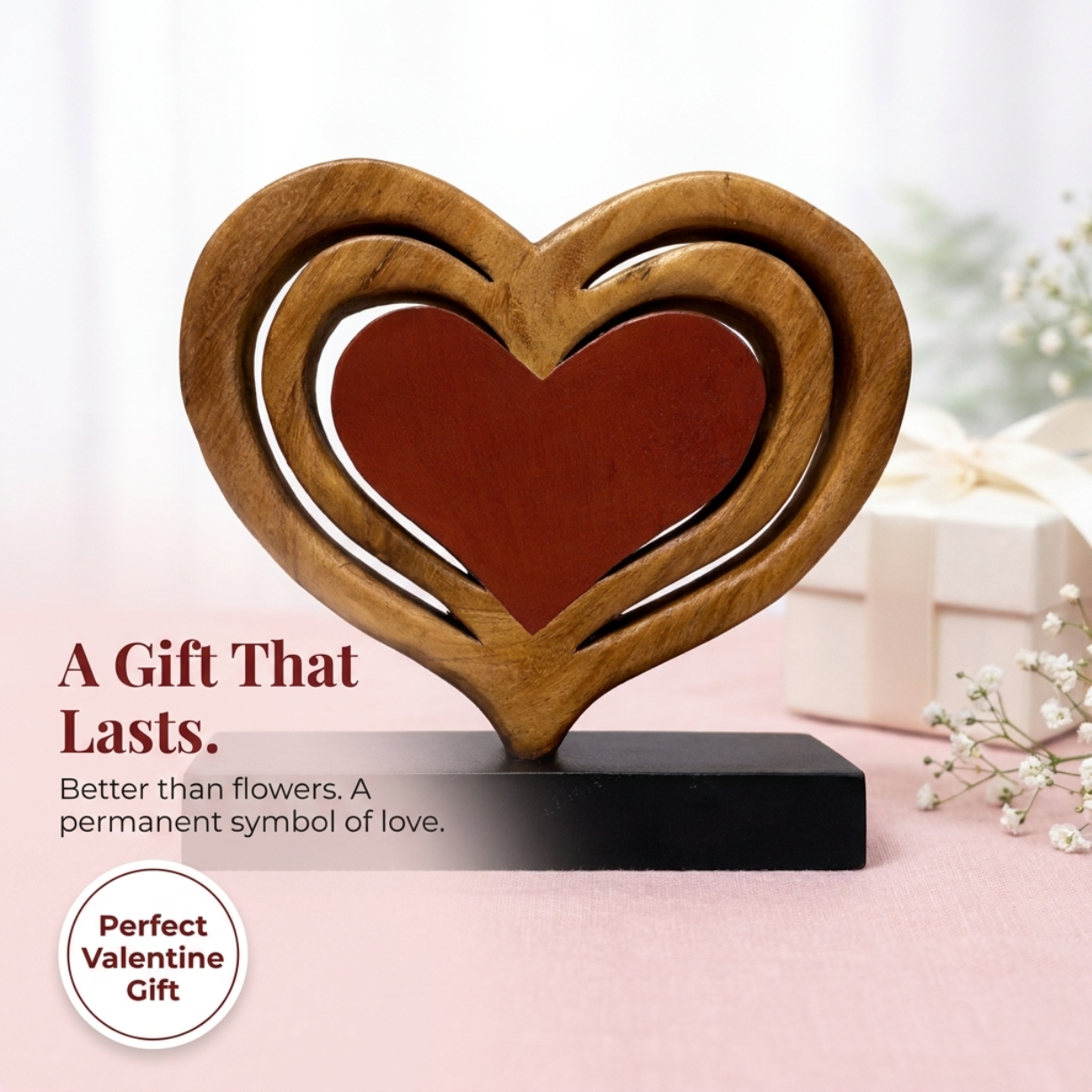 Handmade Wooden Sculpture – Heart Shaped Wooden Decor for Warm Home Accents