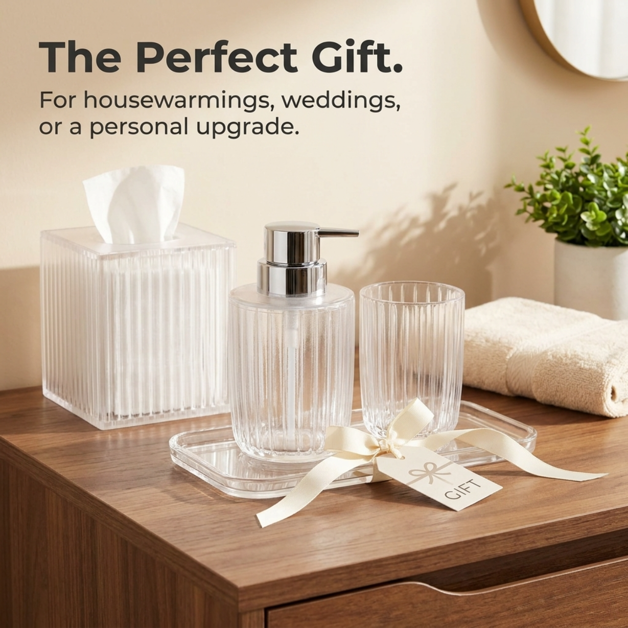 Acrylic Bathroom Set – Modern Bathroom Accessories with Soap Dispenser Pump & Tray