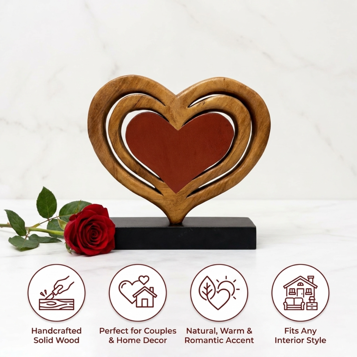 Handmade Wooden Sculpture – Heart Shaped Wooden Decor for Warm Home Accents