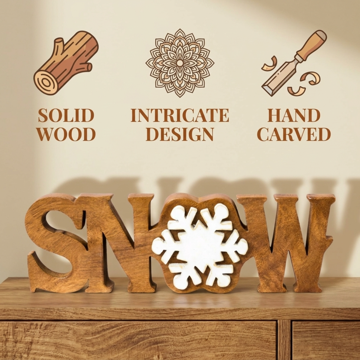 Wooden Snow Sculpture – Handmade Acacia Wood Sign | Seasonal Holiday Decoration