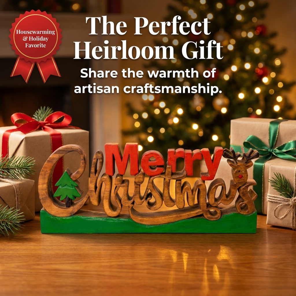 Handmade Wooden Sculpture – Merry Christmas Decoration | Solid Acacia Wood Sign