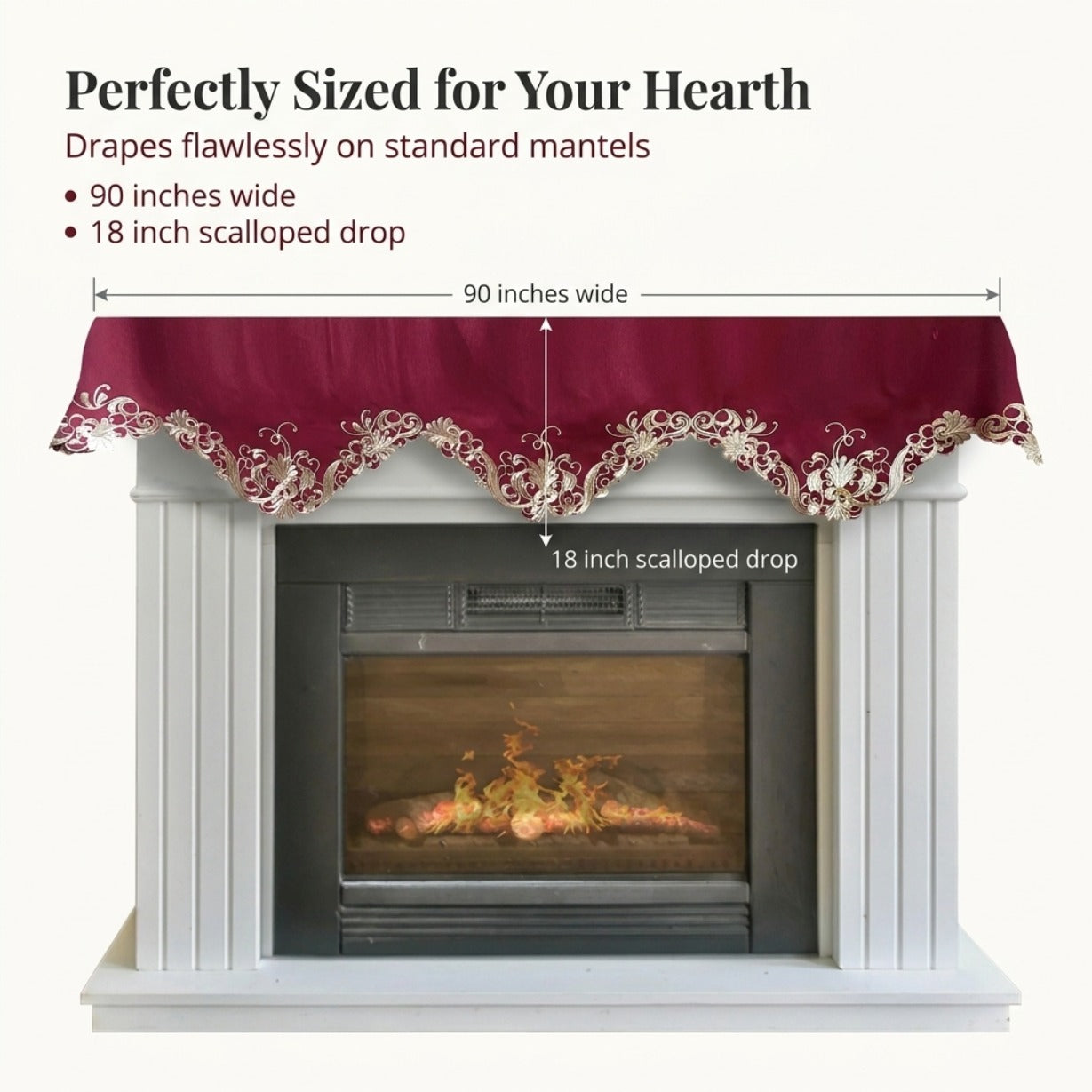 Burgundy Mantel Scarf – Vintage Rustic Fireplace Cover With Polyester Rayon Embroidery