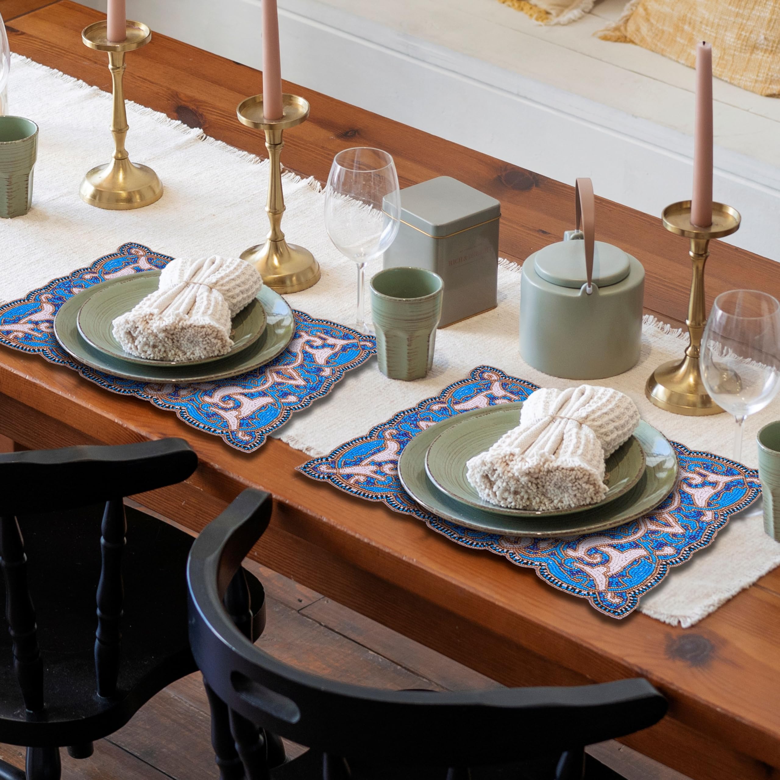 Azure Glow – Beaded Placemats in Blue White, Artistic Heat-Resistant Dining Table Décor 12*16 inch