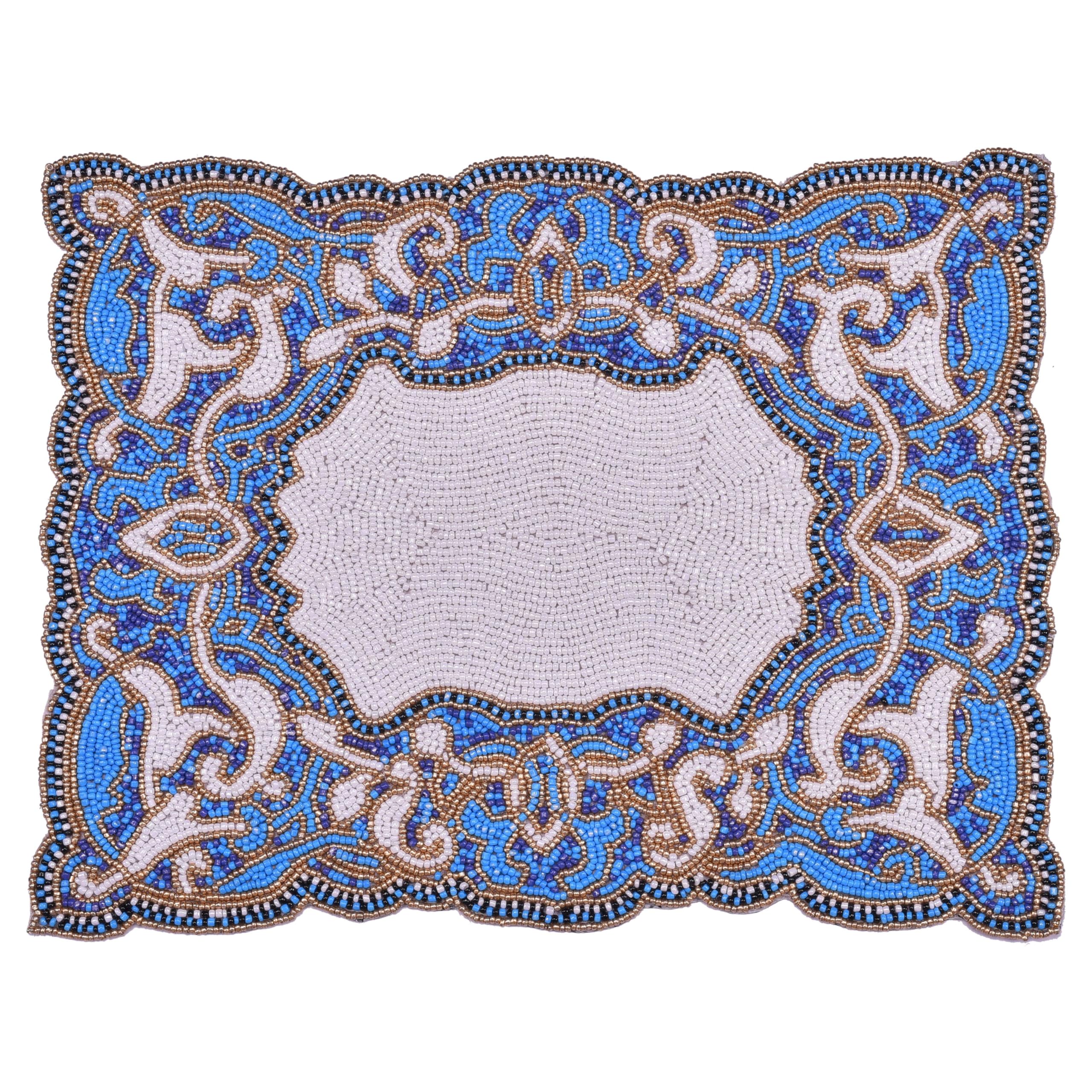 Azure Glow – Beaded Placemats in Blue White, Artistic Heat-Resistant Dining Table Décor 12*16 inch