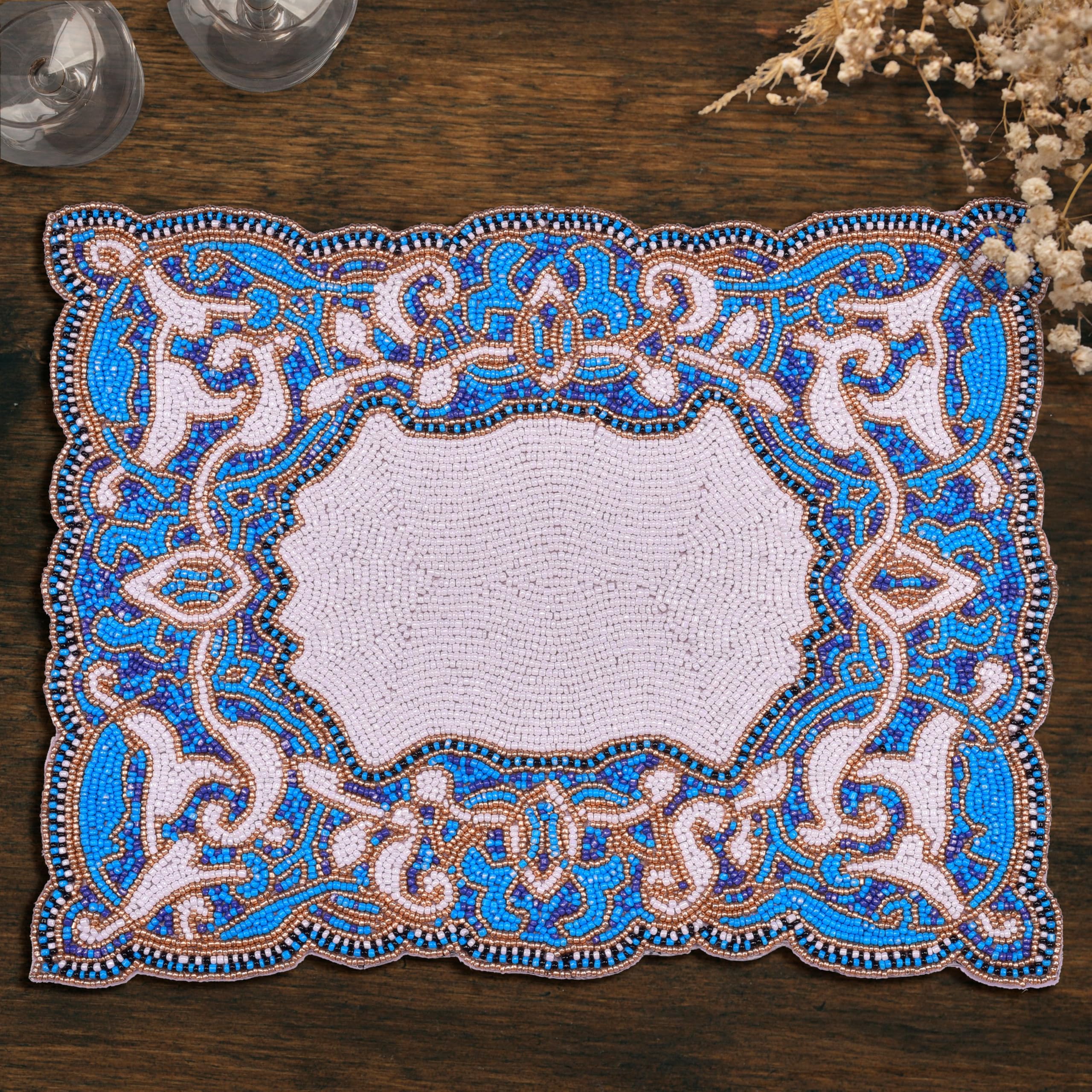 Azure Glow – Beaded Placemats in Blue White, Artistic Heat-Resistant Dining Table Décor 12*16 inch