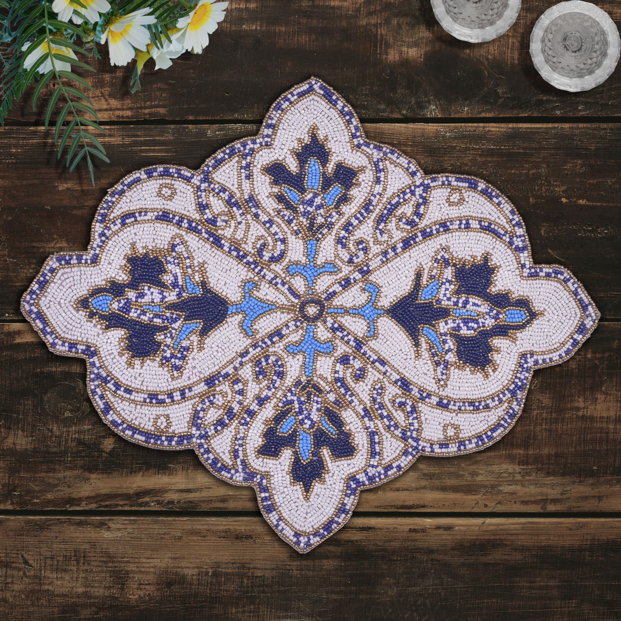 Marine Frost – Beaded Placemats in Blue White, Artistic Decorative Dining Table Accent 15x19 inch