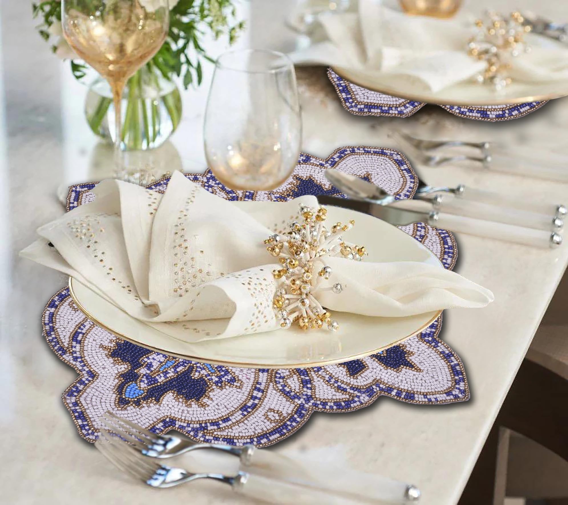 Marine Frost – Beaded Placemats in Blue White, Artistic Decorative Dining Table Accent 15x19 inch