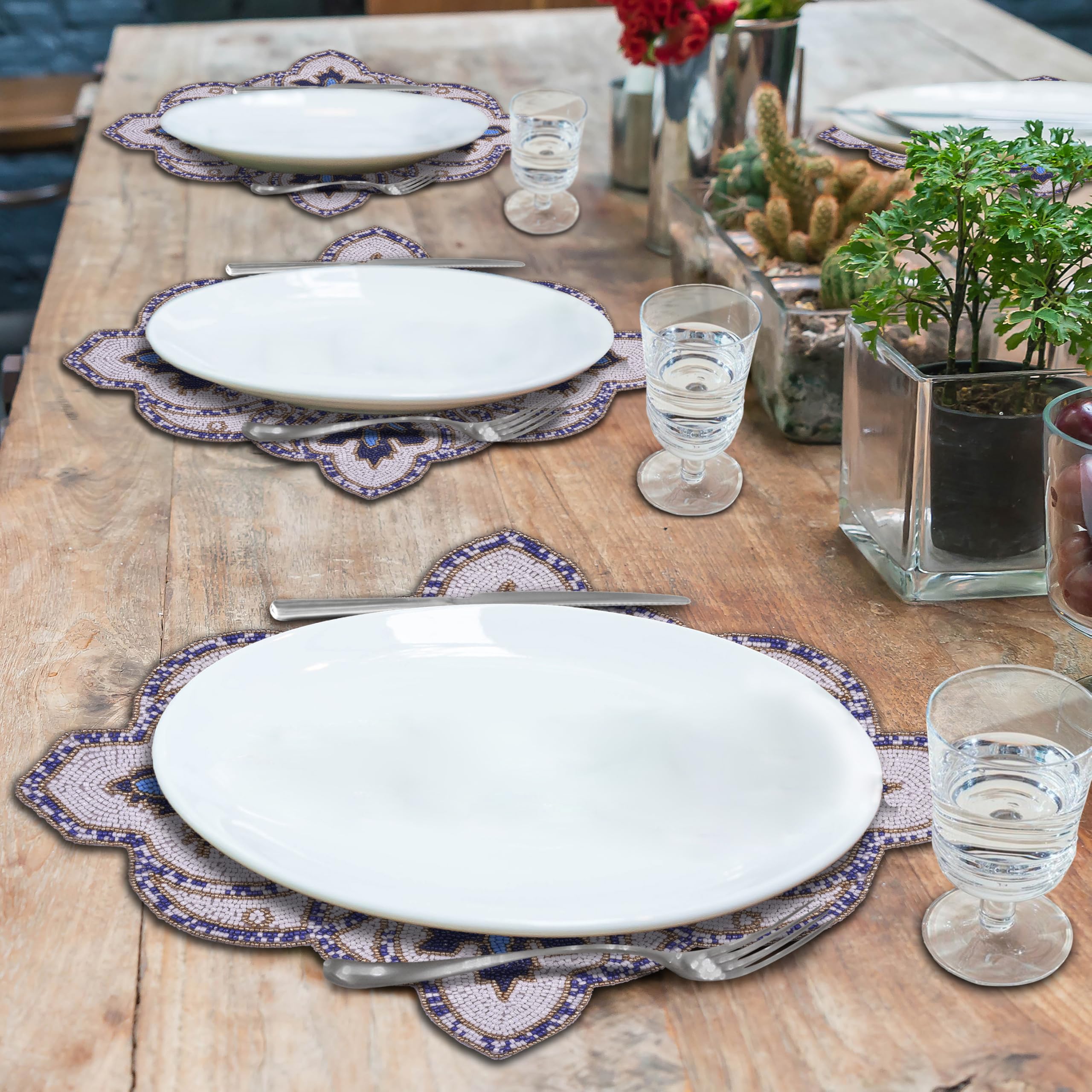 Marine Frost – Beaded Placemats in Blue White, Artistic Decorative Dining Table Accent 15x19 inch