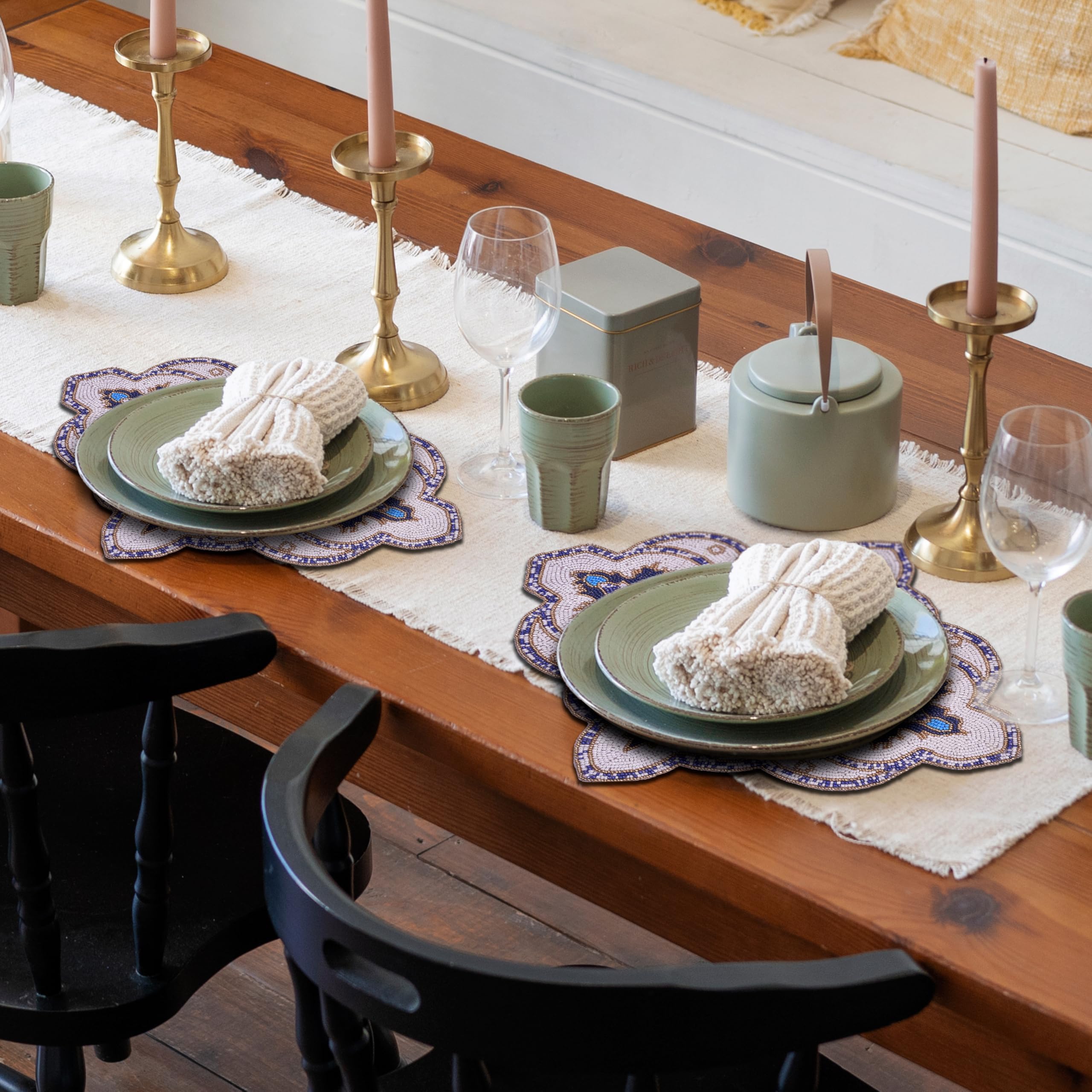 Marine Frost – Beaded Placemats in Blue White, Artistic Decorative Dining Table Accent 15x19 inch