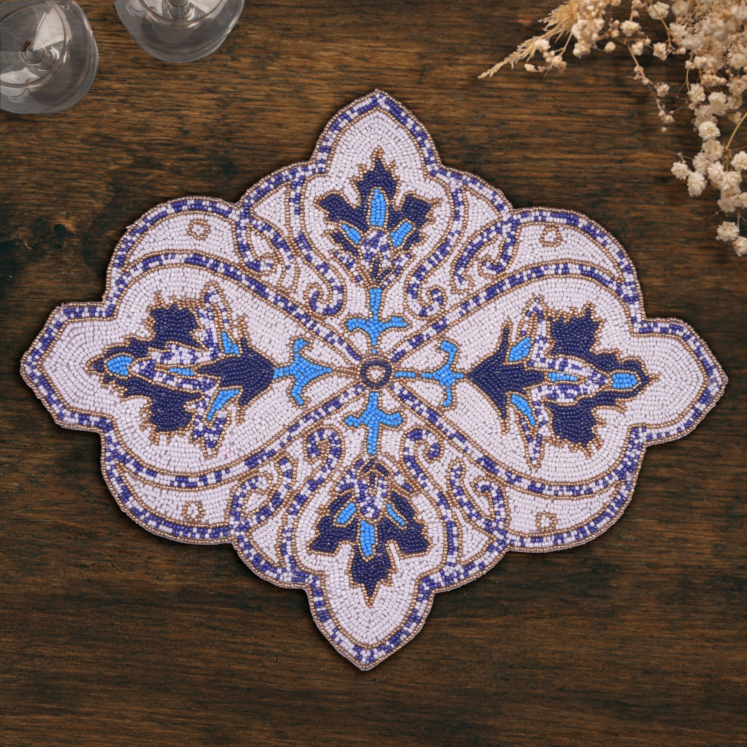 Marine Frost – Beaded Placemats in Blue White, Artistic Decorative Dining Table Accent 15x19 inch