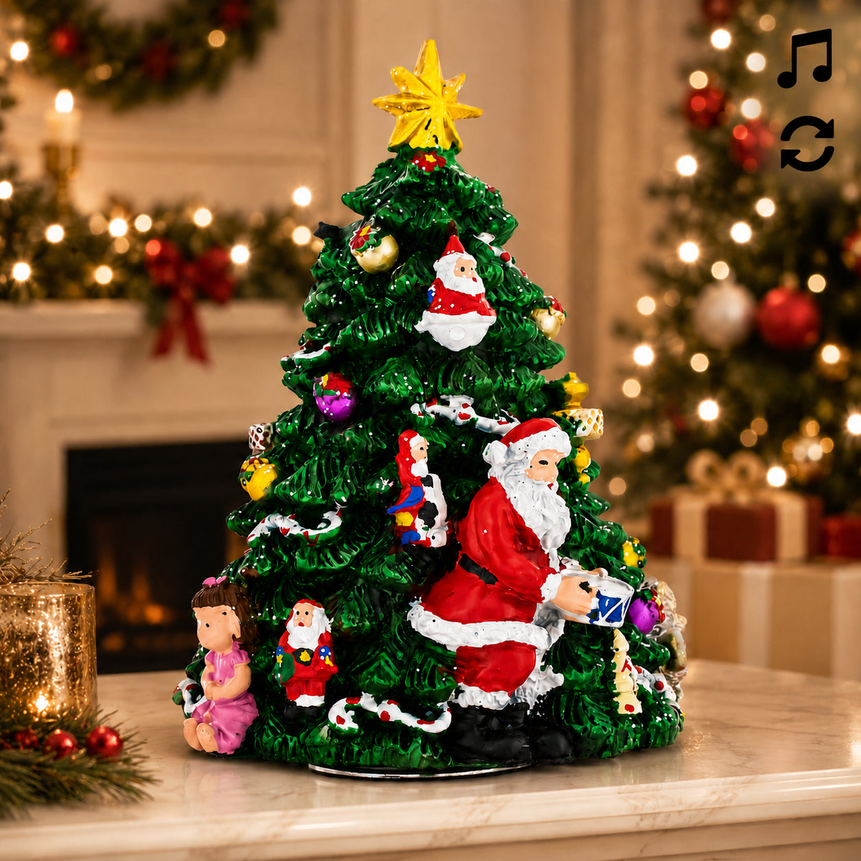 Santa Drummer Rotating Musical Christmas Tree Figurine